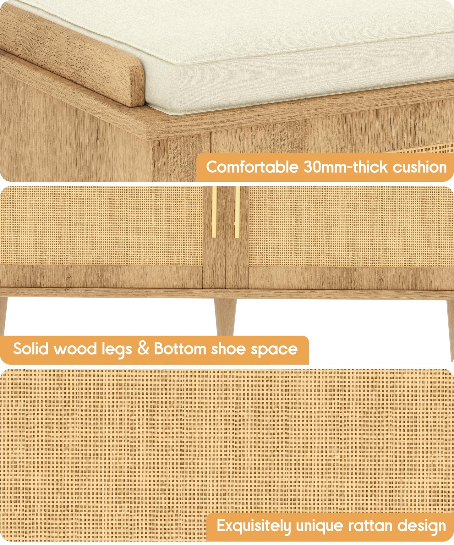 Akxomel Rattan Shoe Storage Bench with Cushion, 2-Tier Entryway Bench with Adjustable Shelves and 2 Doors, 15" D x 39.4" W x 20" H, Solid Wood Legs, for Hallway, Living Room, Bedroom, Natural Oak