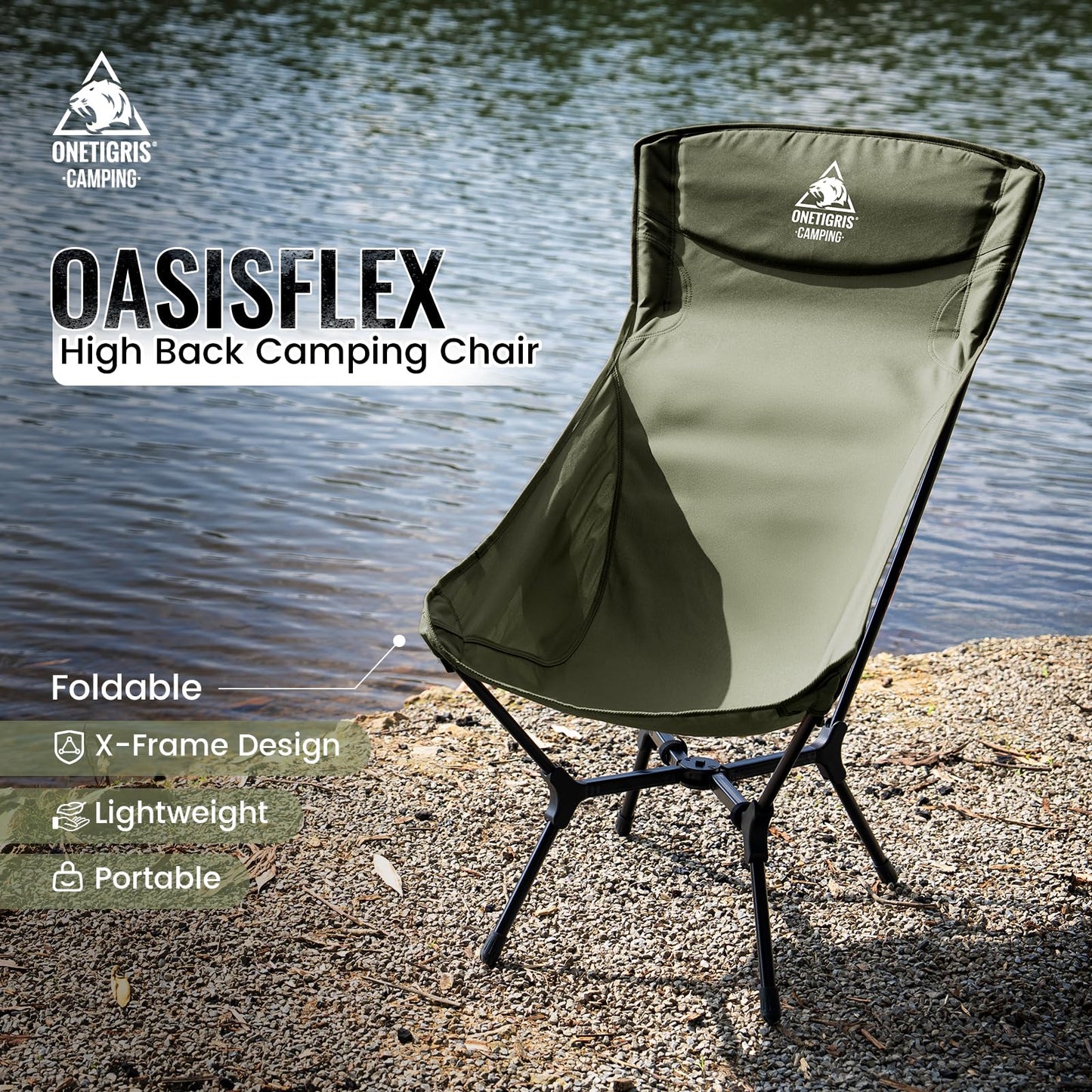 ONETIGRIS OasisFlex Camping Chair,High Back Folding Chair with Carry Bag,Great for Camping,Beach,Picnic,Park,Lawn,Sports and Outdoor Events