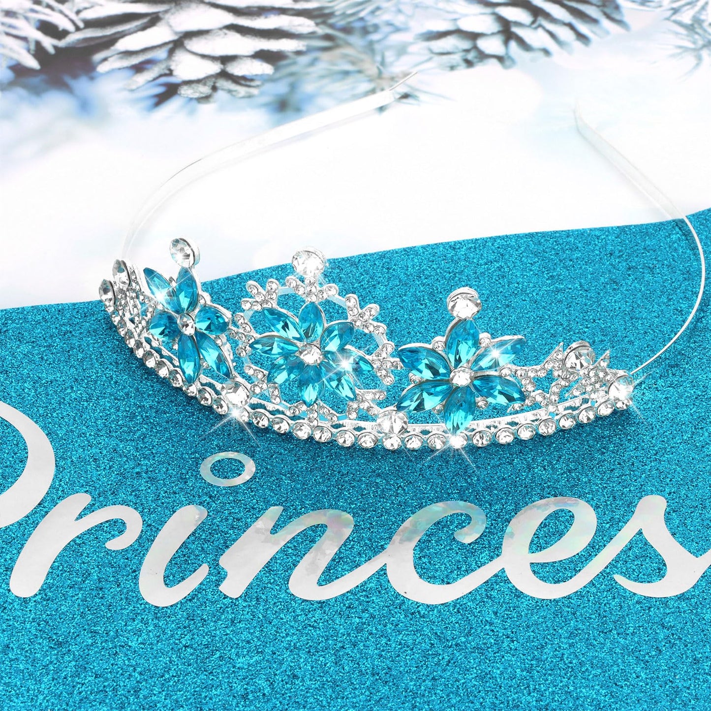 YISSION Snowflake Tiara Headband & Birthday Sash Set - Sparkling Ice Theme Party Accessories - Celebration Crown & Glitter Sash for Festive