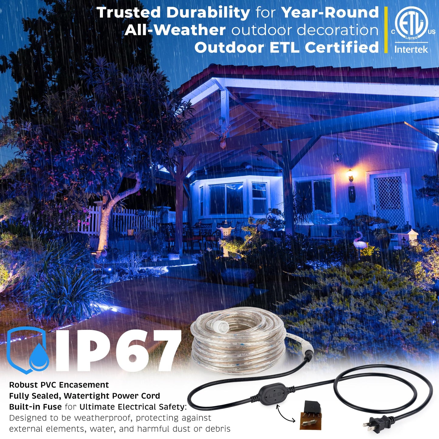 WYZworks 1116LEDs, 100ft LED Outside Rope Lights, Waterproof Permanent Outdoor ETL Certified Connectable Clear Tube, Christmas Palm Tree Holiday Decorative Landscape Patio Accent Lighting - Blue