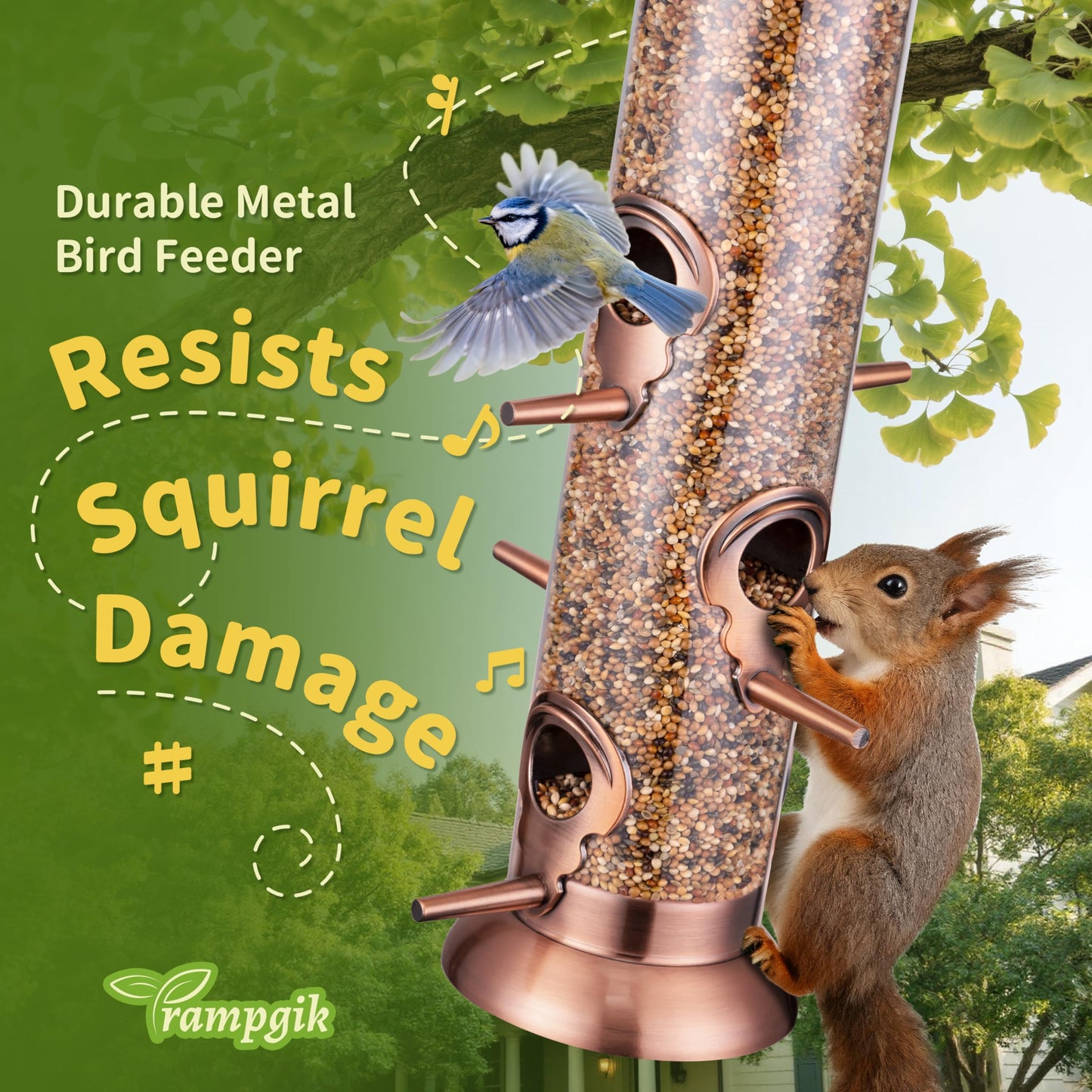 TrampgiK Bird Feeders for Outdoors,13 Inch 6 Ports Squirrel Proof Bird Feefers,Finch Feeder for Outside,Chew-Proof Metal Hanging Bird Feeder,Rust-Proof,Easy to Refill & Clean,Copper,Pack of 1