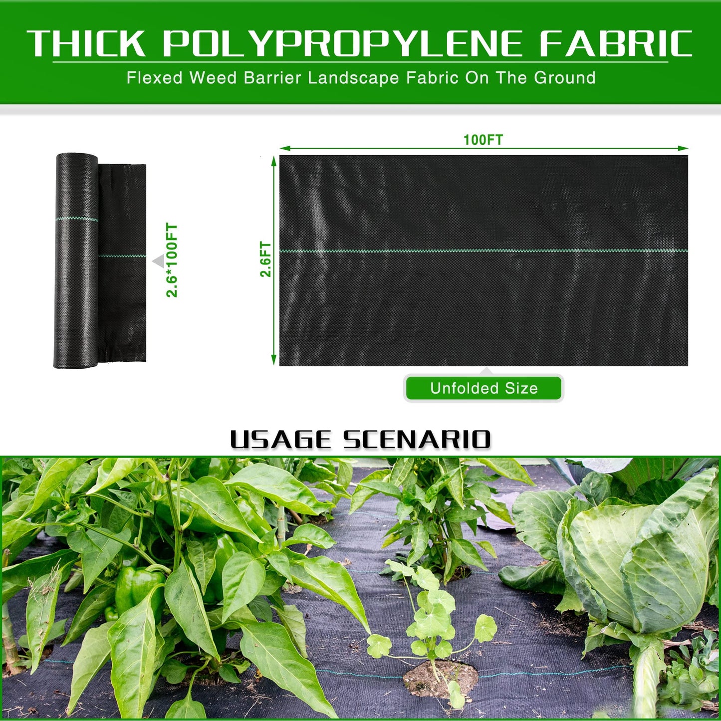 Weed Barrier Landscape Fabric Heavy Duty, 2.6FT x 100FT Thicken Garden Blocker Fabric Weed Mats, Weed Control Garden Cloth, Woven Geotextile Fabric for Garden Beds, Underlayment, Commercial Driveway