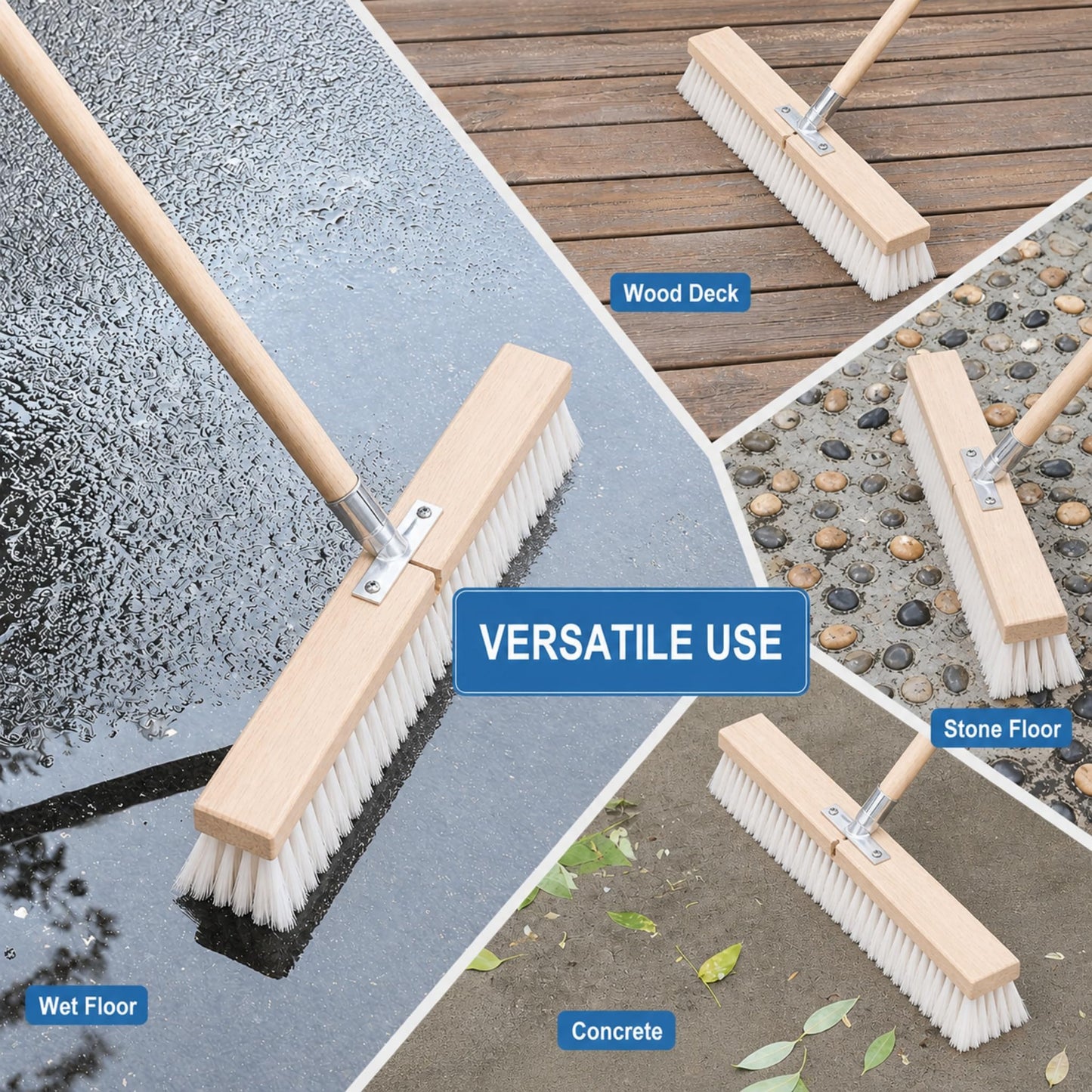 BMart Home 17.71” Heavy Duty Push Broom Outdoor, Stiff Plastic Bristles 4-Layer, 32.28” Wooden Handle, Industrial Broom for Garage Floor, Warehouse, Patio, Concrete, Deck & Sidewalk Cleaning