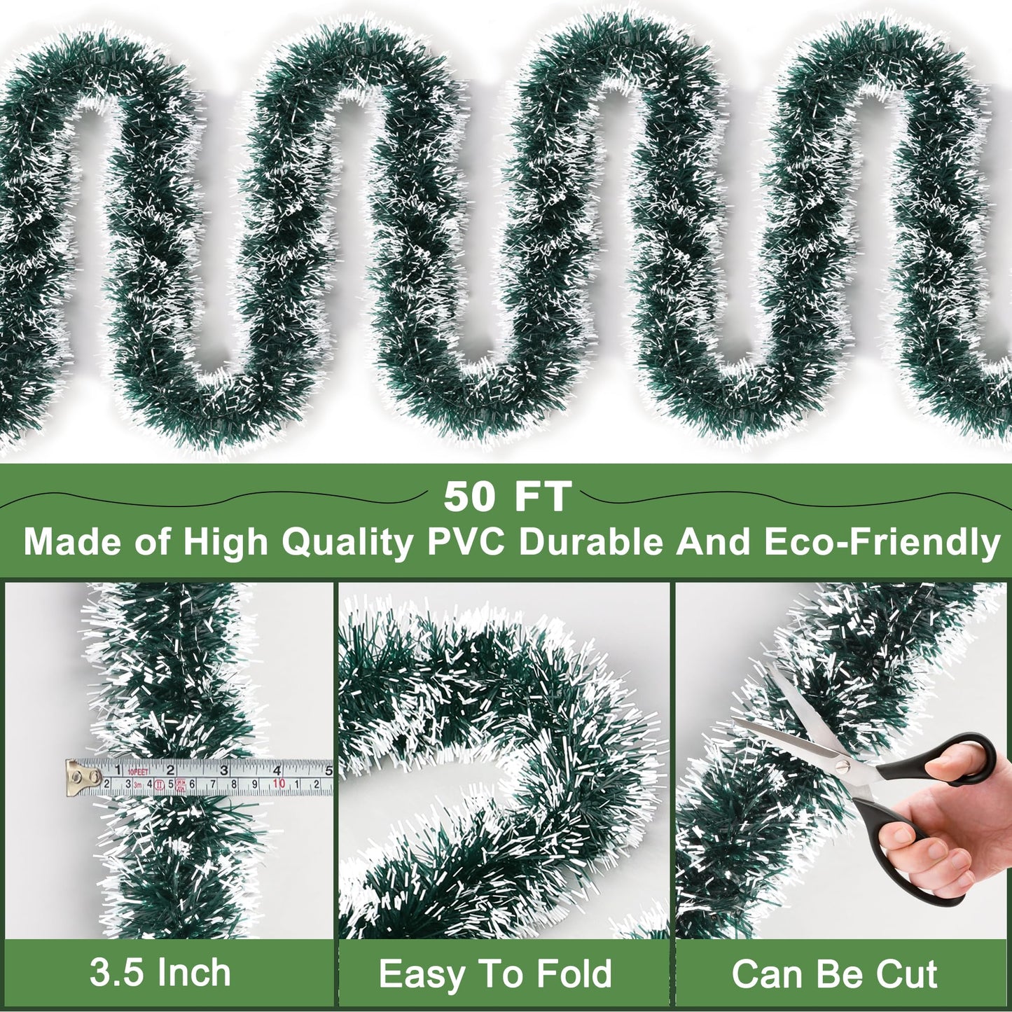 50FT Green White Christmas Tinsel Garland, Metallic Twist Xmas Garland for Christmas Tree Decorations, Holiday Hanging Garlands for Mantel Staircase Fireplace Indoor Outdoor Home Party Decor