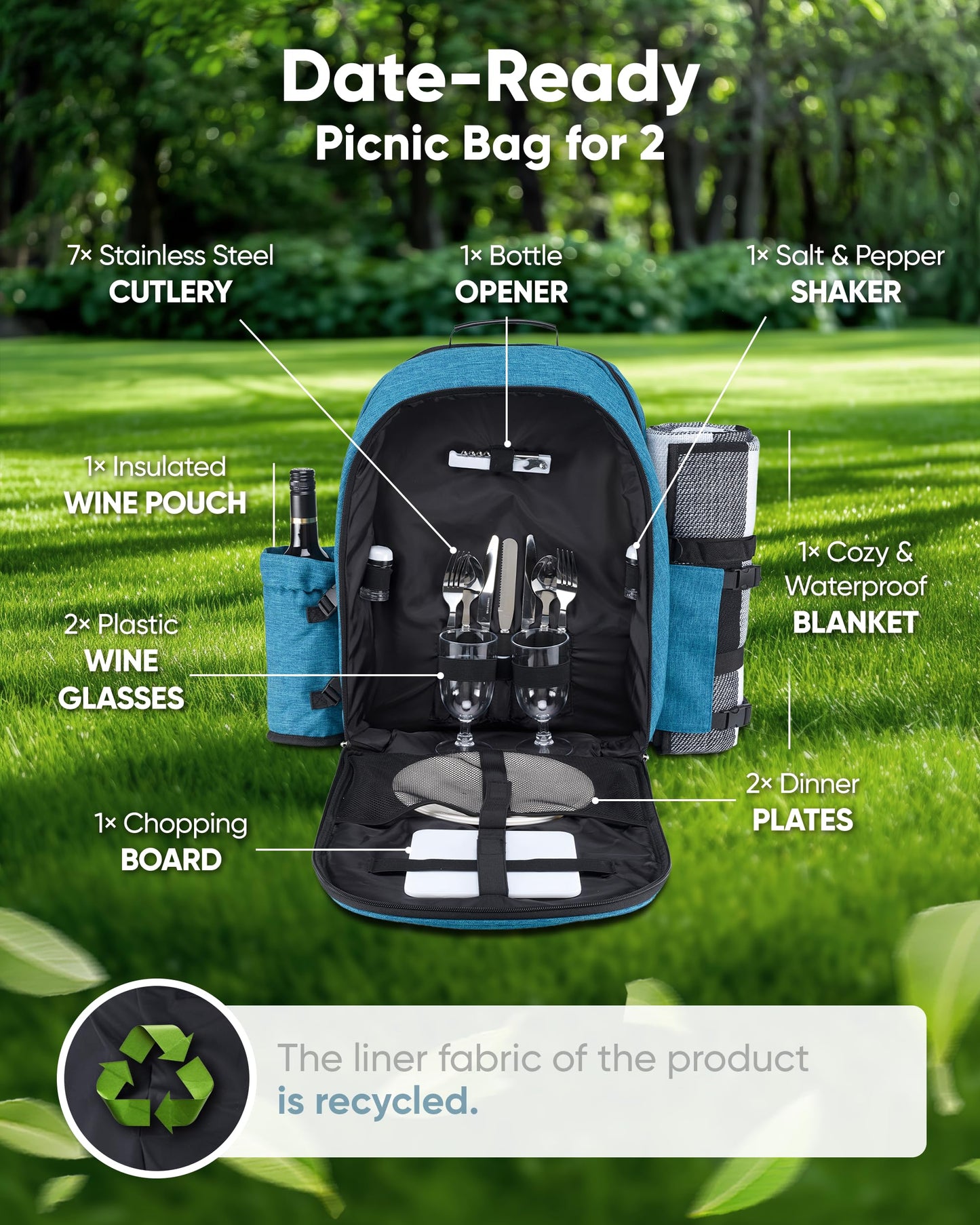 PL Harmony Picnic Backpack for 2 - All-in-One for Couples [with Picnic Blanket & Portable Wine Table] - Waterproof 32L - Insulated Picnic Set - Cooler Pouch & Wine Holder - Dating, Outdoor & Camping