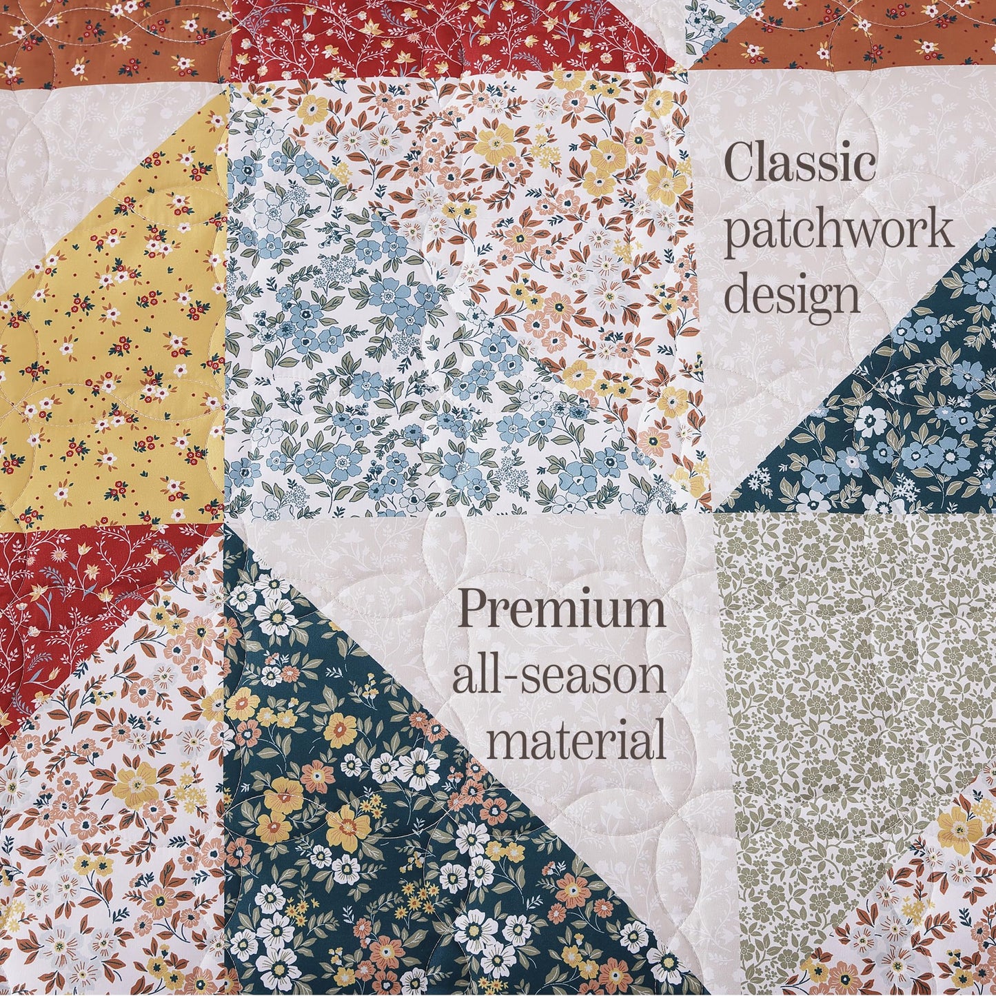 BLOOMHAVEN Quilt Set Queen Size, Patchwork Burnt Orange Floral Quilt Sets, Reversible Bedspread Lightweight and Breathable for All Seasons, Soft Quilted Bedspread with 2 Pillow Shams