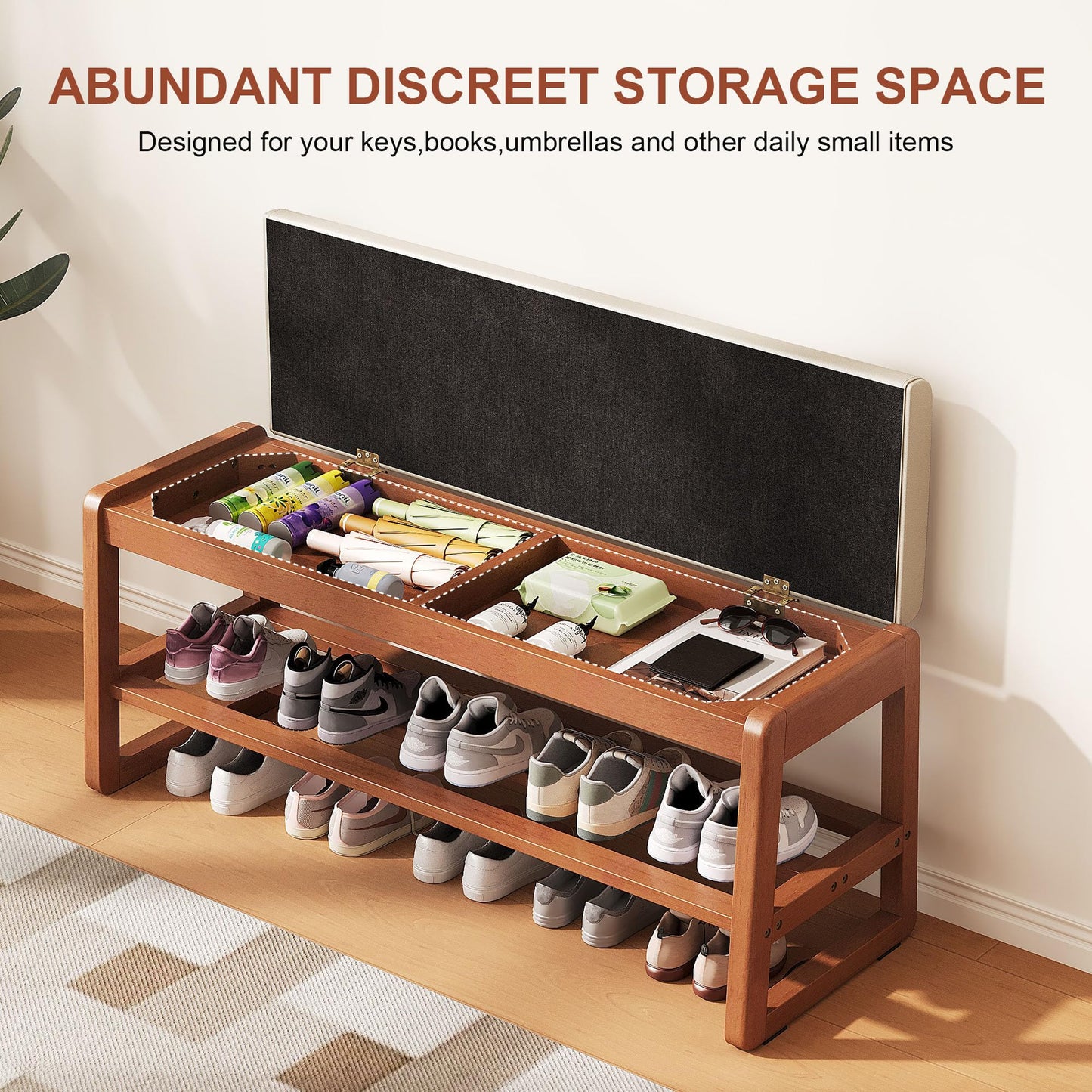 PETKABOO Shoe Bench Storage Rubberwood with Leather Cushion 39.4", Waterproof Easy to Clean 550LBS Organizer Shoe Rack for Entryway, Hallway, Mudroom, Front Door