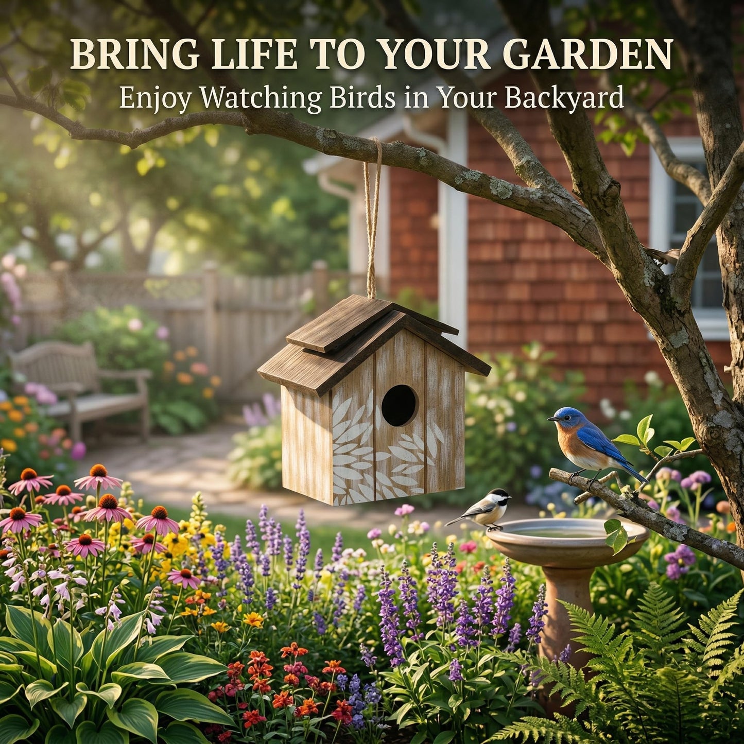 Topadorn Wooden Bird House Hanging Outdoor,Eco Friendly Materials and Decorative with Leaves Printed