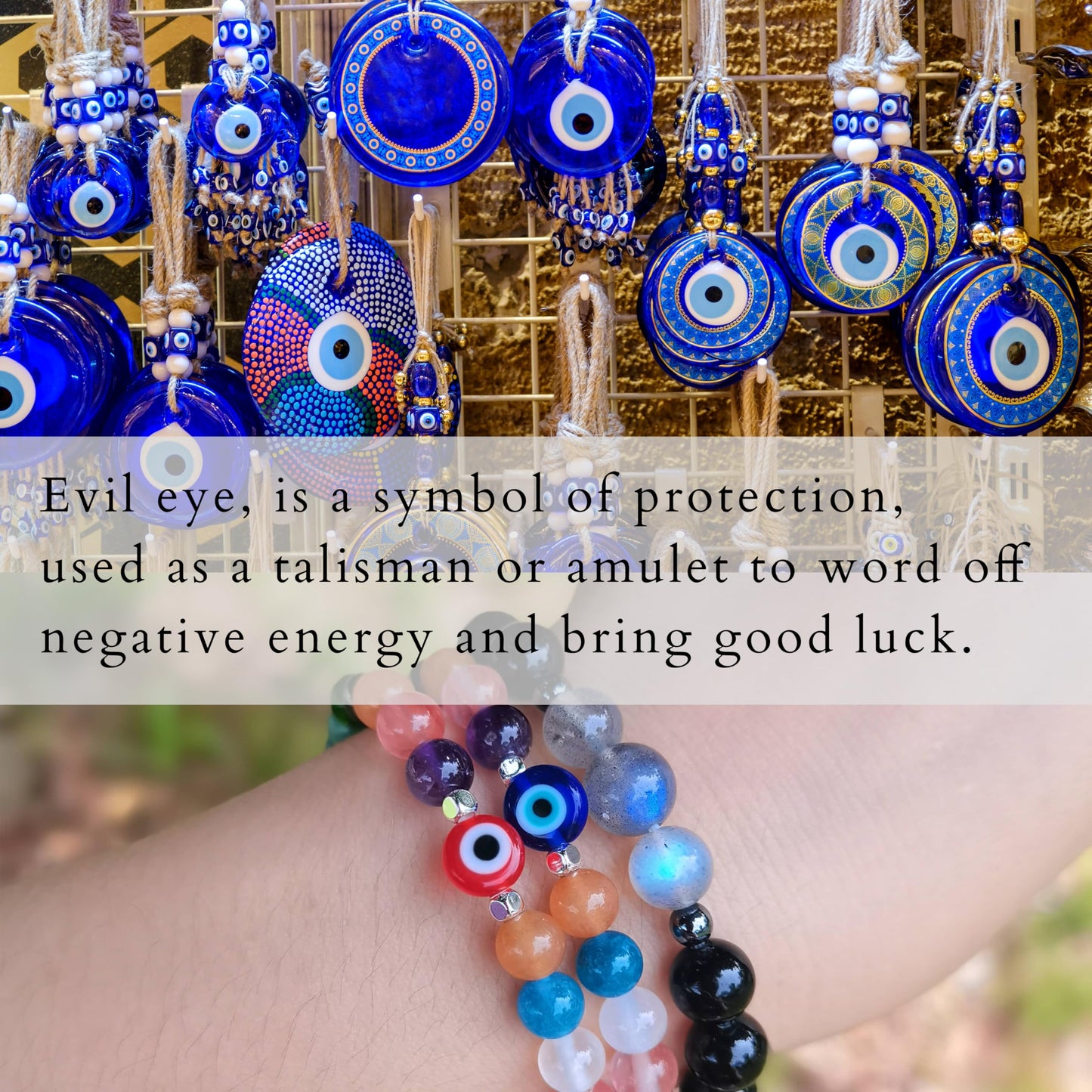 DLYFNVEV Blue Evil Eye Bracelet Triple Protection Healing Crystal Beads Colorful Gemstone for Women Rainbow Good Lucky Natural Stone Charm Boho Bohemian Jewelry empath health Gifts