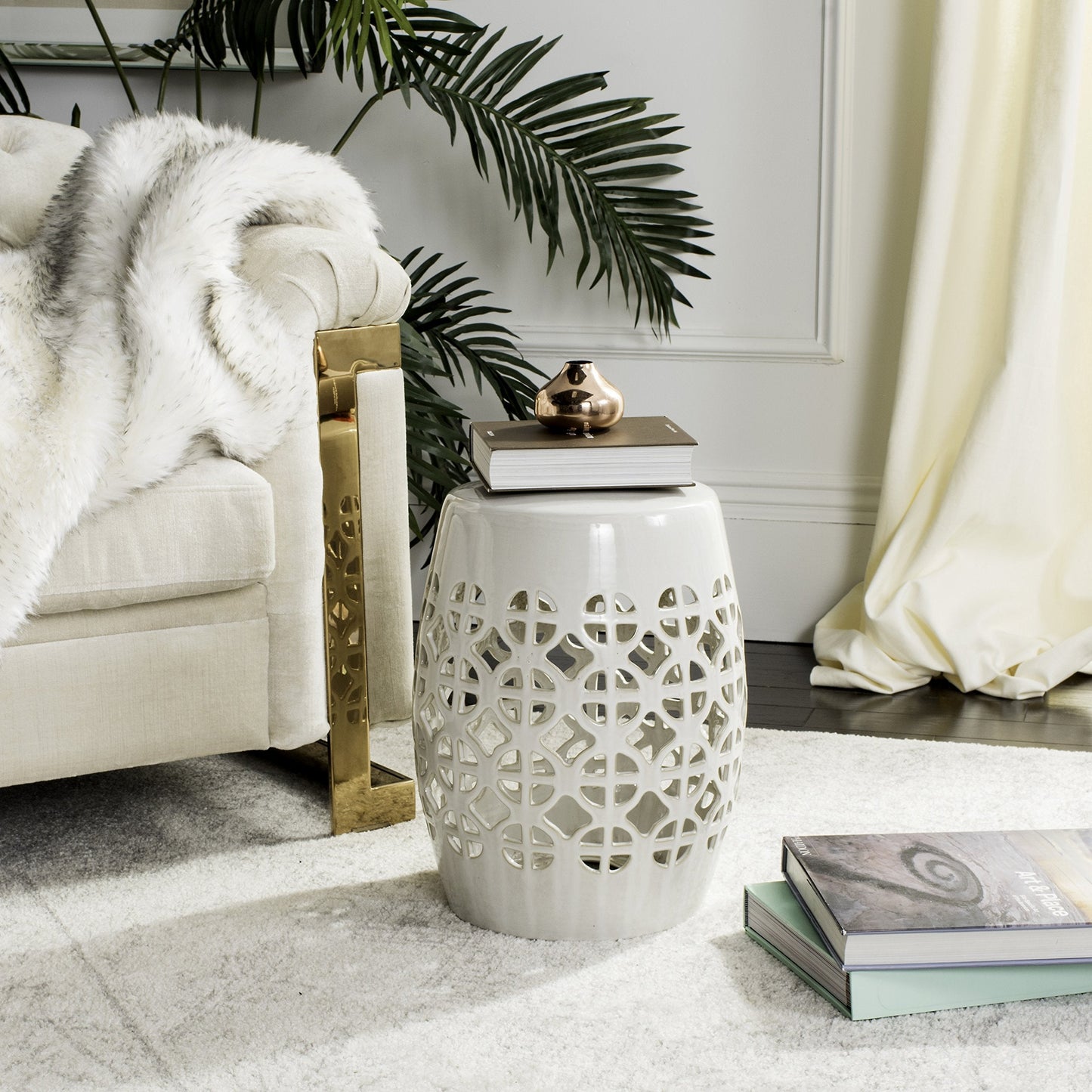 Safavieh Castle Gardens Collection Circle Lattice White Ceramic Garden Stool