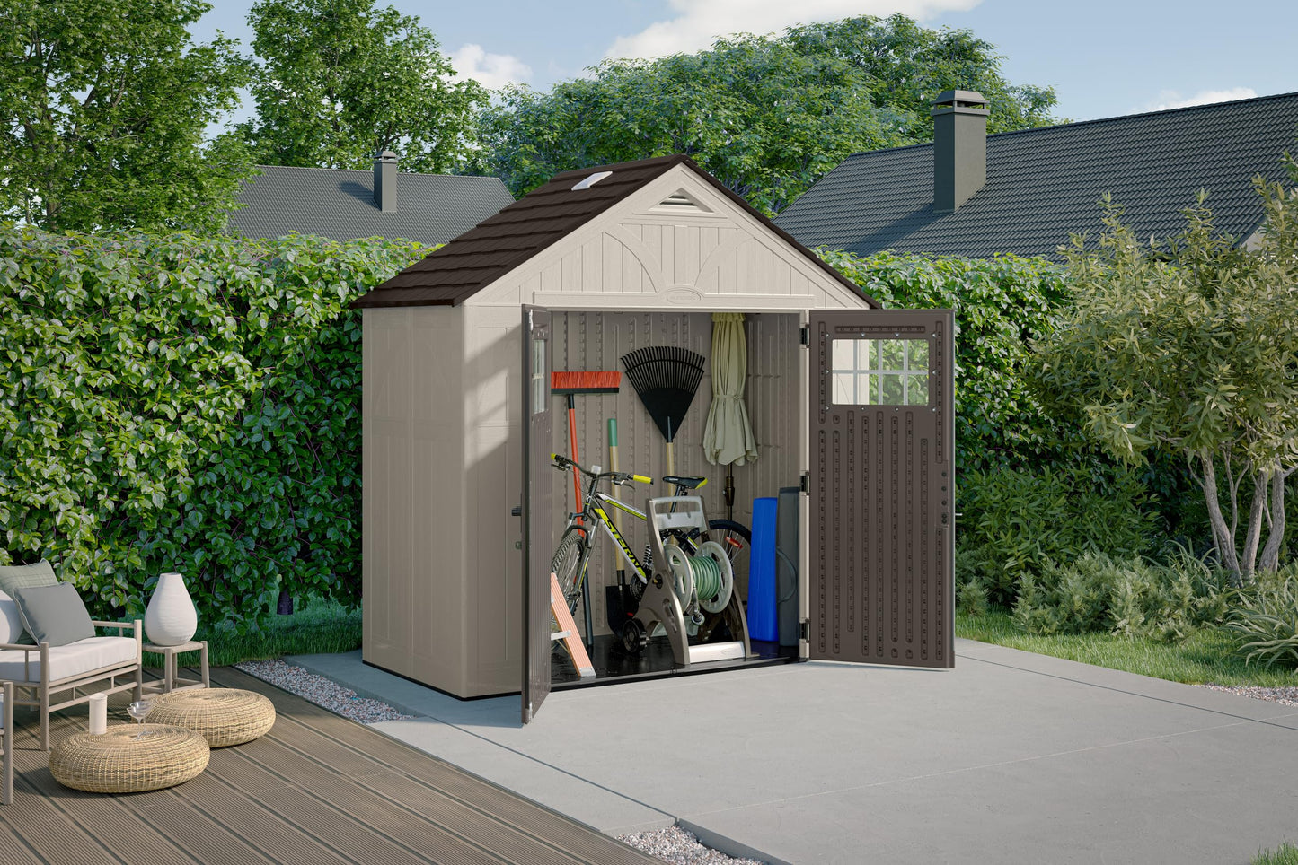 Suncast 4' x 8' Heavy-Duty Resin Tremont Storage Shed with Reinforced Floor, Skylights for Natural Light, Lockable Double Doors, Sand Finish