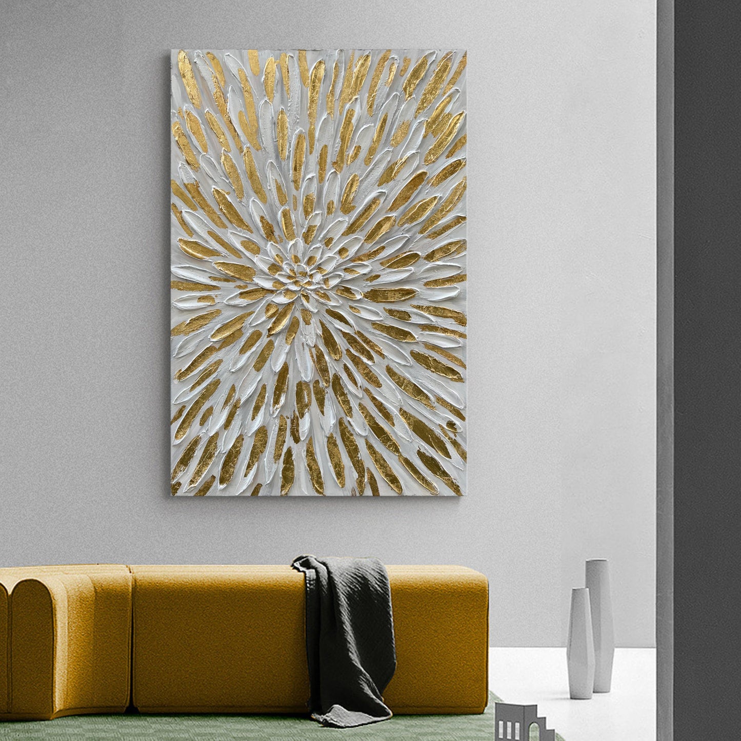 Diathou Art Hand-Painted Gold Texture Oil Painting White Flowers Modern Abstract Art Painting 45x30 inch Home Wall Decorative Art