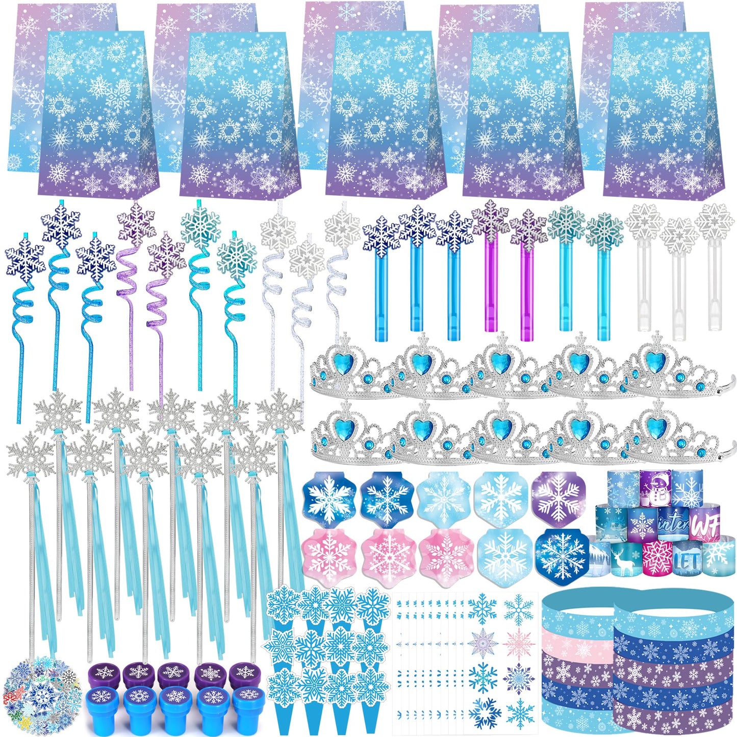 Fumogym 234PCS Frozen Party Favors Supplies Decorations Kit Include Goodies Bags, Straws, Bubble Wands, Crowns, Magic Wands, Notebook, Cake Toppers & More