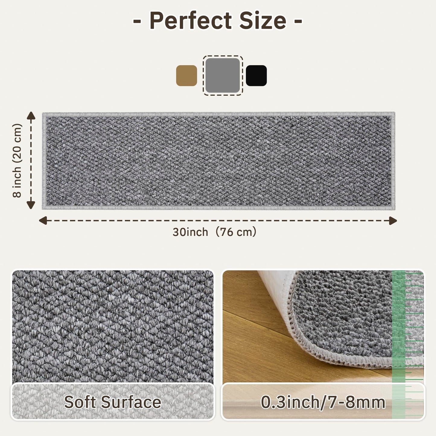 Carpet Stair Treads Non Slip - 4 Pack 8" x 30" Peel and Stick Stairs Tread for Wooden Steps Washable Stair Runners Rug Stain Resistant Edging Staircase Mat for Kids and Dogs(4pc, Grey)