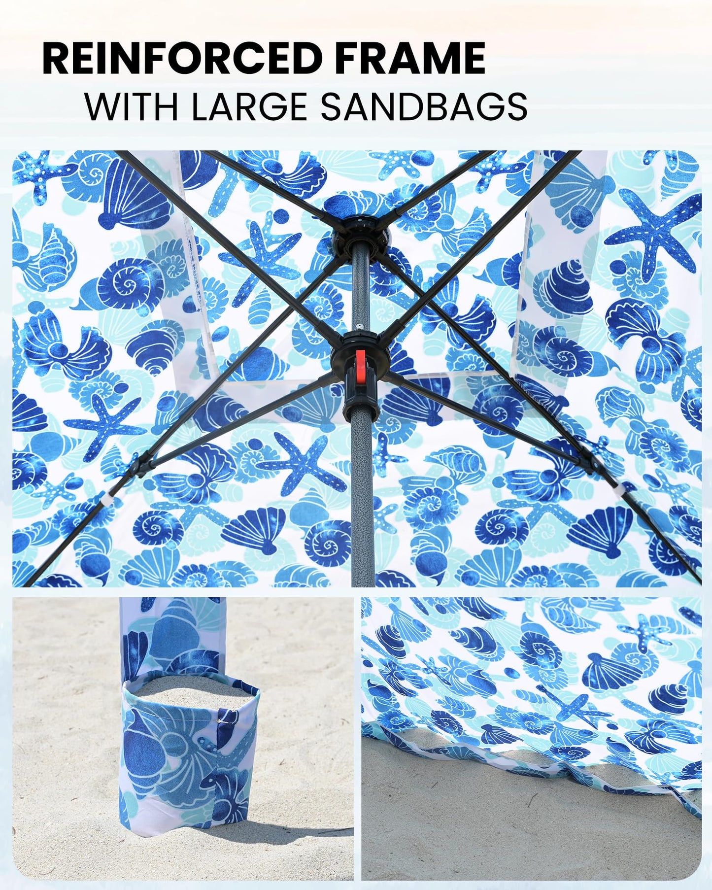 Qipi Beach Cabanas for Sand, Beach Canopy with Sandbags & Side Wall for Family, Easy Set Up Sun Shelter, UPF 50+ UV Protection with Roof Vent 6' x 6' A-Sea Life