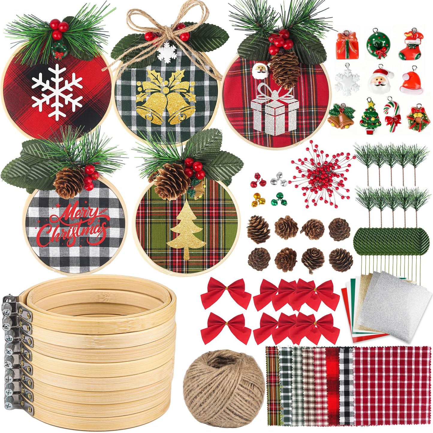 Ecoofor 8 Pack DIY Christmas Ornaments Craft Kit, Christmas Ornaments Kits with Plaid Fabric Bamboo Hoops Pinecones Berries and Other Accessories, Perfect for Christmas Crafts and Holiday Decorations