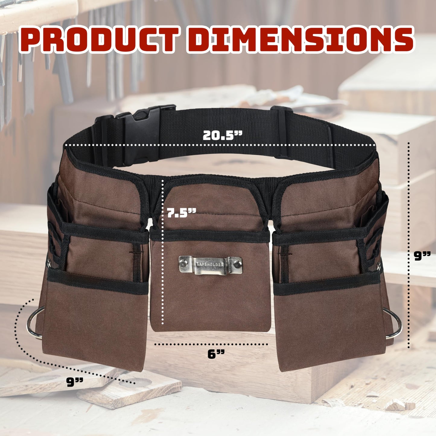 19 Pocket Brown and Black Heavy Duty Construction Tool Belt, Work Apron, Tool Pouch, with Poly Web Belt Quick Release Buckle - Adjusts from 33” Inches All the Way to 50” Inches