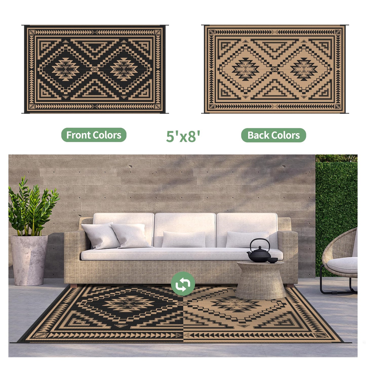 GENIMO Outdoor Rug for Patio Clearance - 5x8 ft Waterproof Plastic Camping Rugs, Reversible Outside Rv Mat Carpet for Porch, Deck, Picnic, Balcony, Beach, Backyard, Black Brown