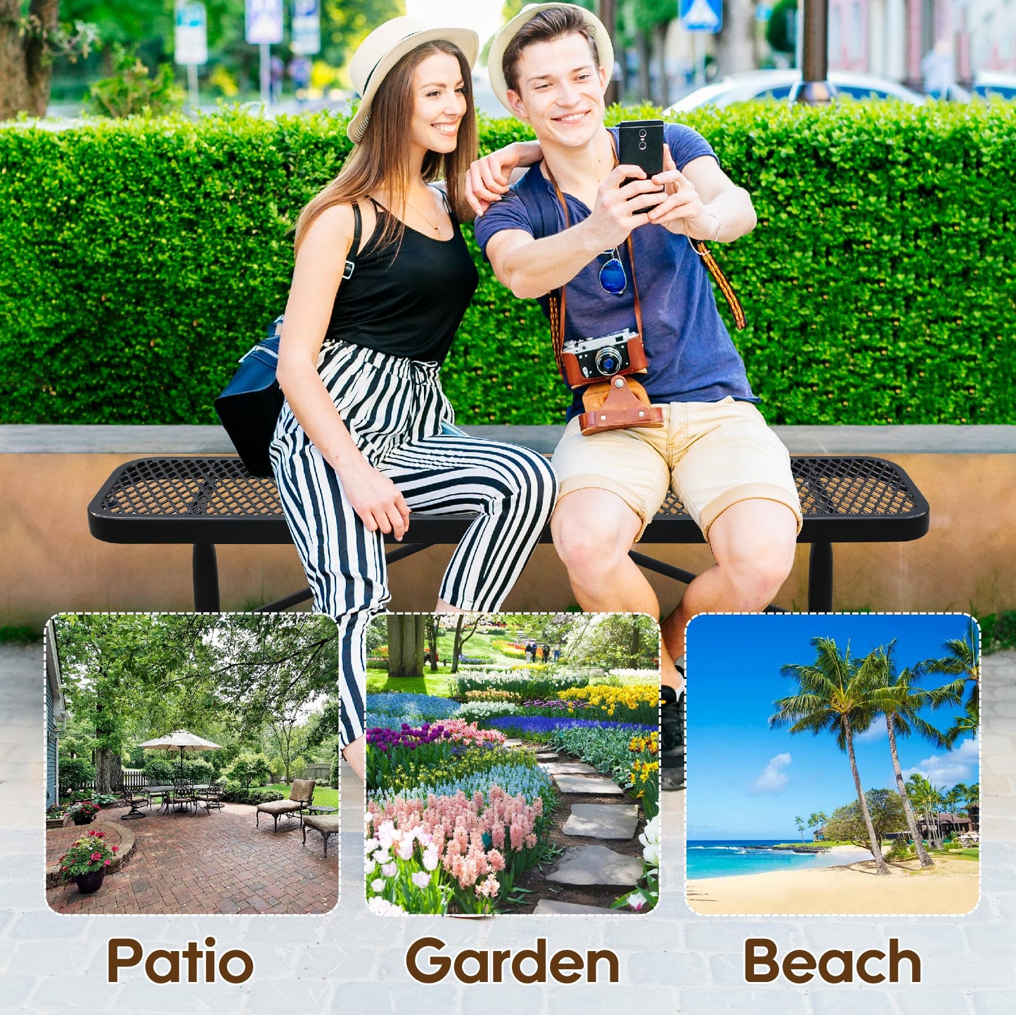 4 Ft Metal Park Benches for Outside, Outdoor Backless Bench with Thermoplastic Coating, Inground Mounted, Commercial Expanded Metal Mesh Bench for Shopping Mall, Store, Park, Patio, Deck, Black