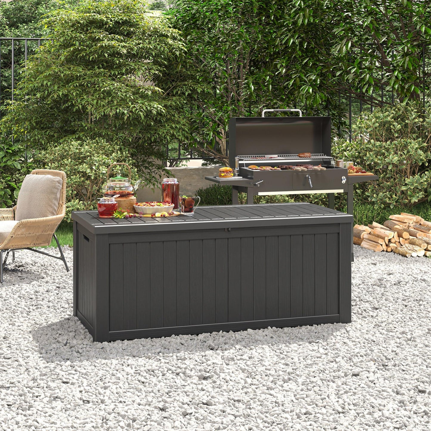 NUNU LAB 220 Gallon Outdoor Storage Box Waterproof, Outside Package Delivery Deck Boxes with Lockable Lid, Backyard Storage Bin For Garden Tools, Patio Cushions, Black