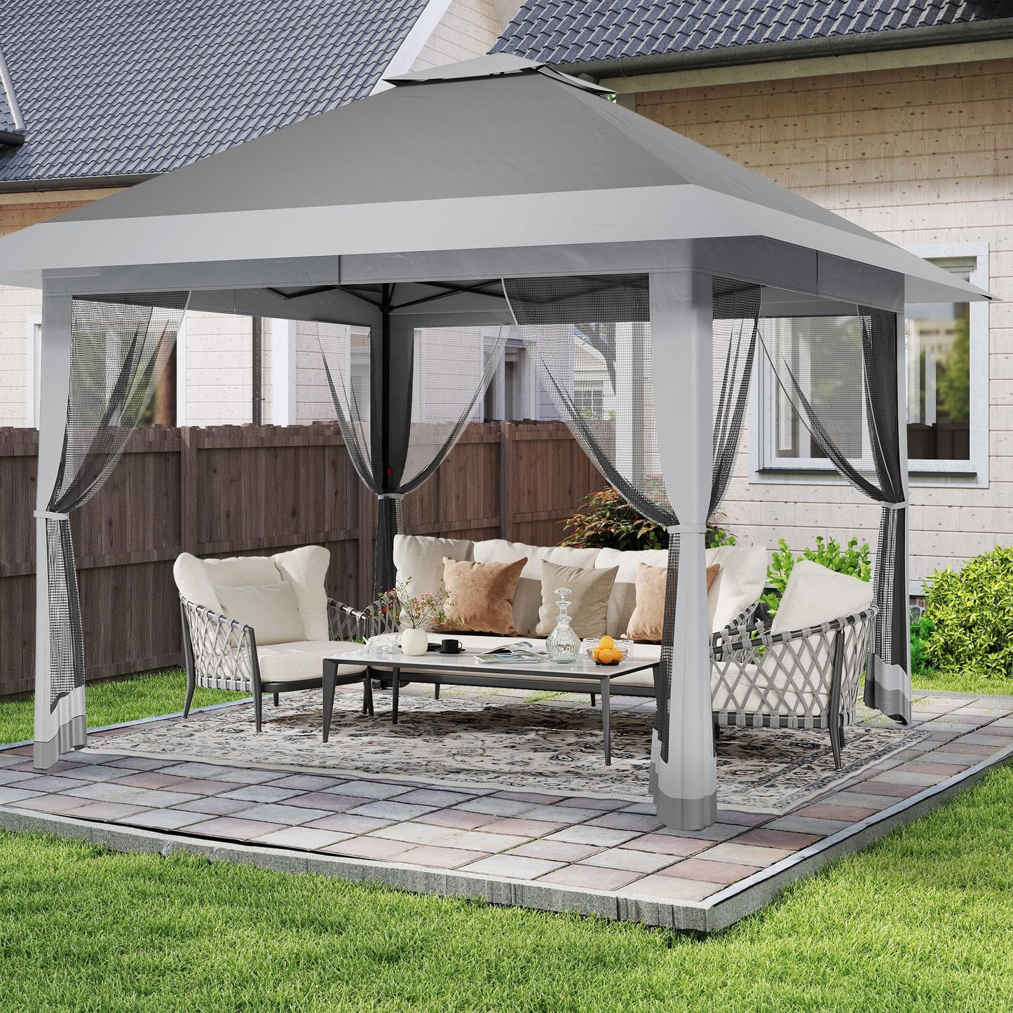 13x13 ft Pop Up Canopy Tent, One-Push Setup Gazebo with Mosquito Netting, 4 Sandbags, Height Adjustable, Waterproof UV Protection for Backyard Parties, BBQs, Camping