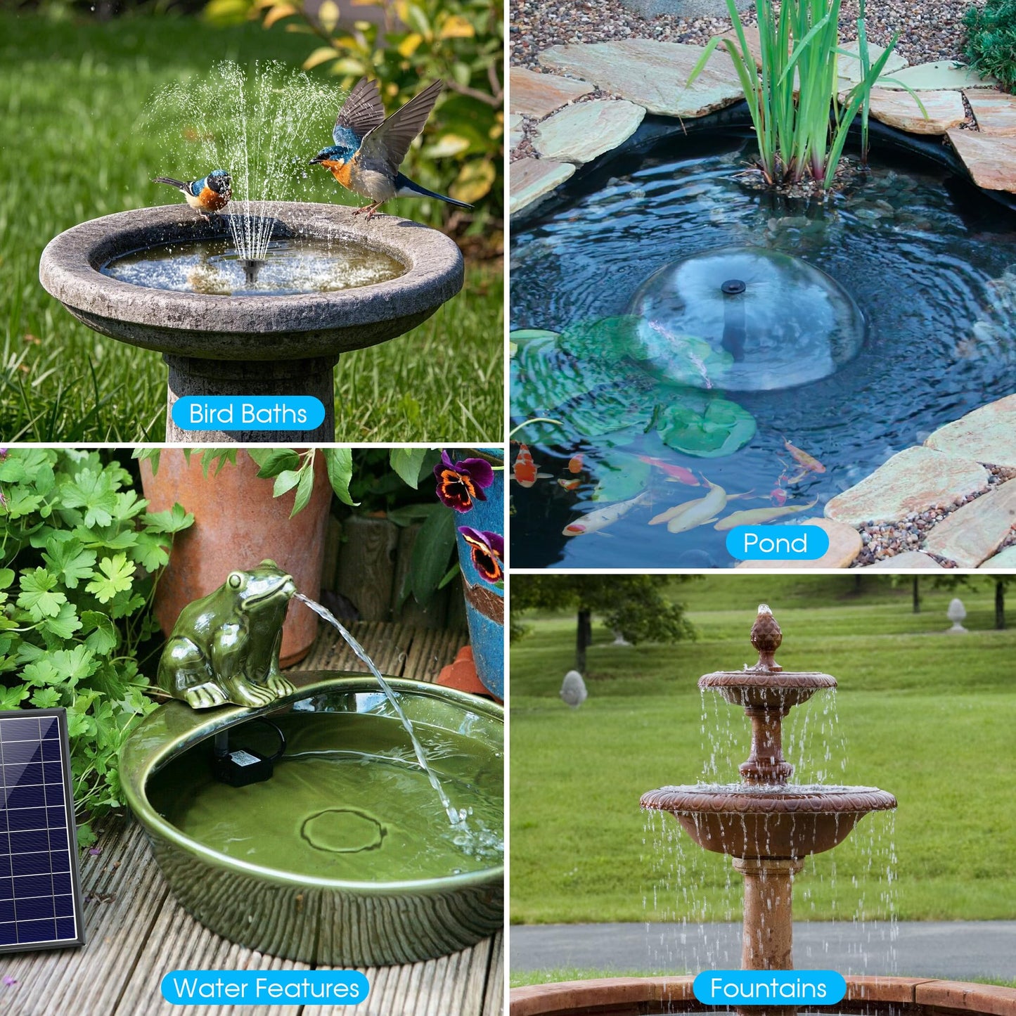 Biling 8W Solar Fountain Pump, Solar Water Pump with 3600mAh Battery Backup Work All Day, 5ft Tubing 5 Nozzles, Solar Fountain for Bird Bath, Garden Pond, Fish Tank and Hydroponics