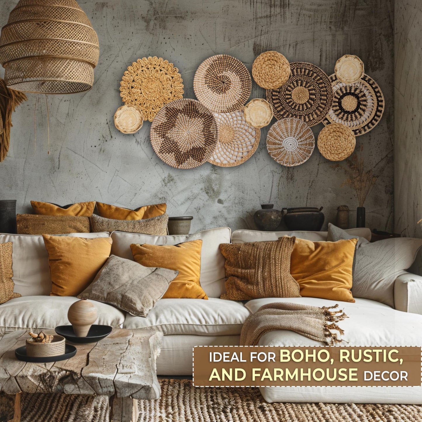 Laquedecraft Set 12 Boho Wicker Rattan Plate Basket Set For Décor Hanging Wall | Large Woven Farmhouse Rustic Bohemian Art Baket Hangings For Decorative Home, Bedroom, Living Room, Kitchen, Bathroom (Classic, 12)
