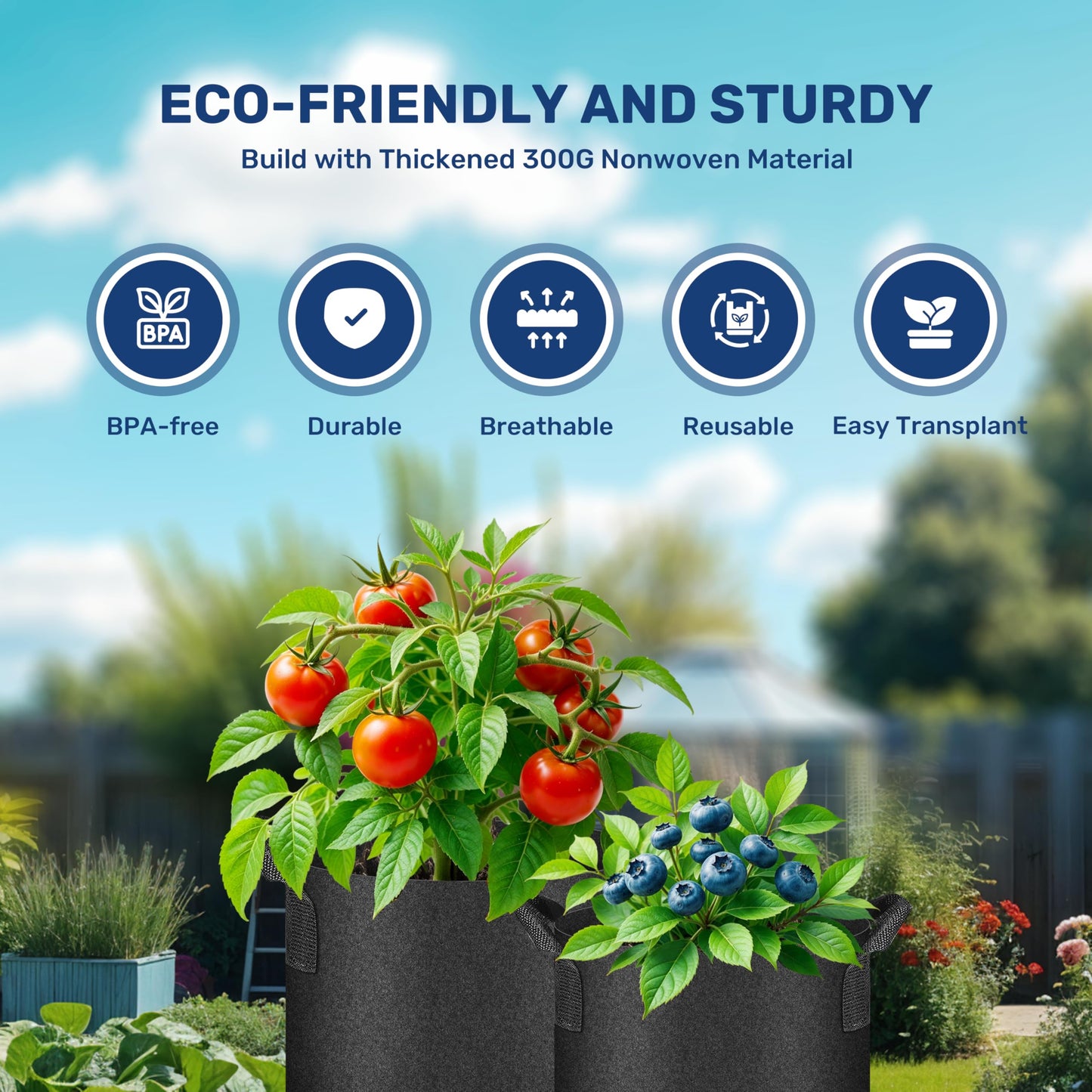 HealSmart 15 Gallon 6 Pack Nonwoven Grow Bags, Aeration Fabric Pots with Handles, Heavy Duty Garden Grow Pots for Tomato Vegetables Flowers, 6 Plant Labels, Black