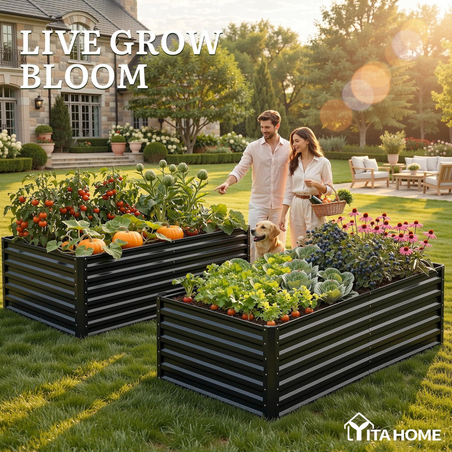 YITAHOME 72x36x24 in Galvanized Raised Garden Bed Kit, Large Metal Planter Box with Gloves & Support Rod, Outdoor Flower Bed for Plants Vegetables, Black