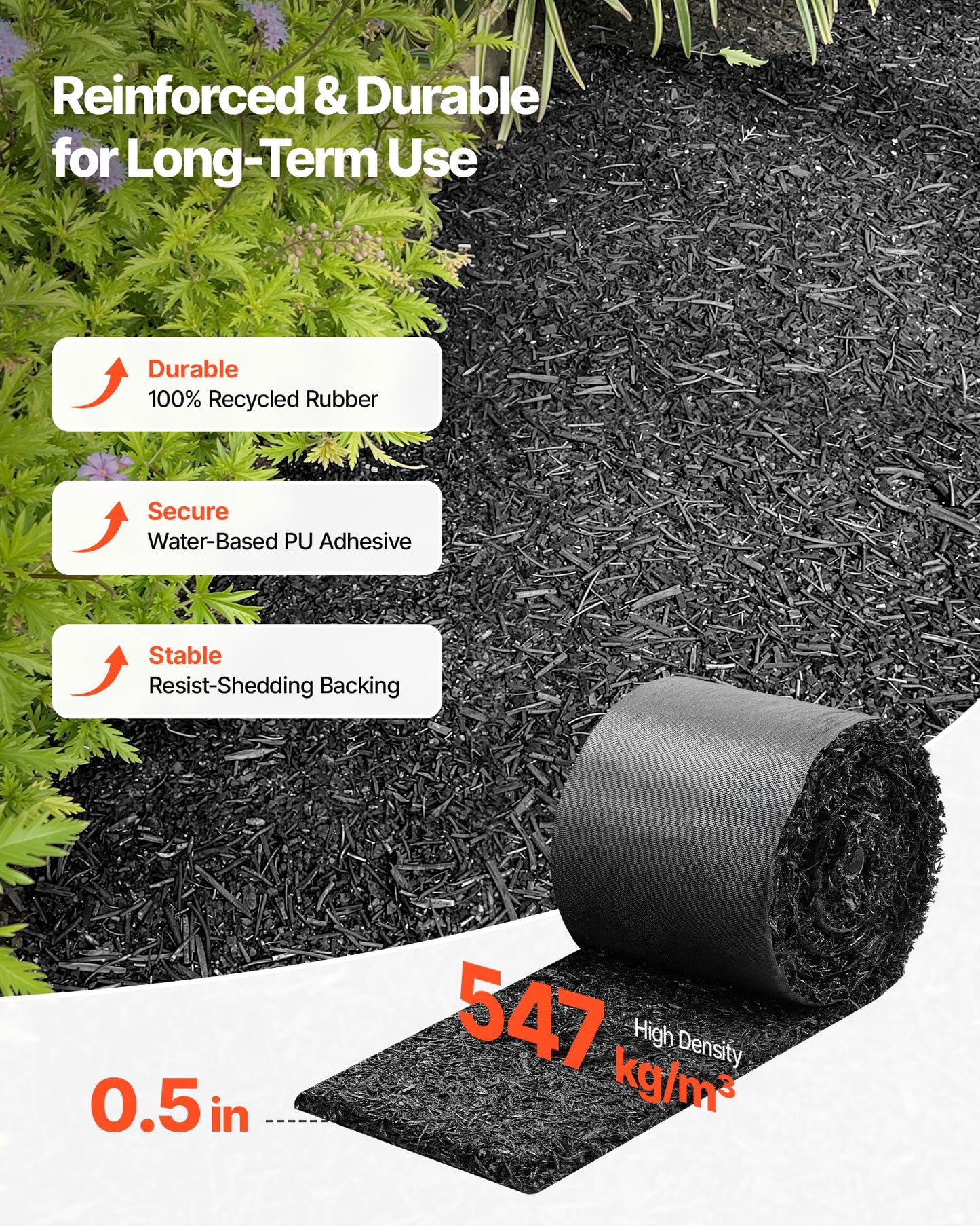 VEVOR Rubber Mulch Mat Roll, 140 x 4.5 in, Recycled Rubber Permanent Mulch Edging Border, Natural-Looking Flower Barrier with Stakes, 0.5 in Thick Cuttable Garden Edgings for Landscaping