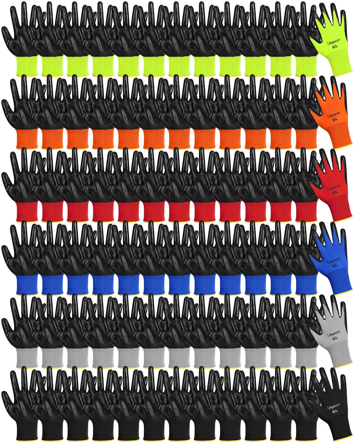 Maxcheck 54 Pairs PU Coated Gloves Bulk, Reusable Rubber Safety Gloves for Men Women Work Warehouse, Mechanic, Woodworking (Multicolor,L)