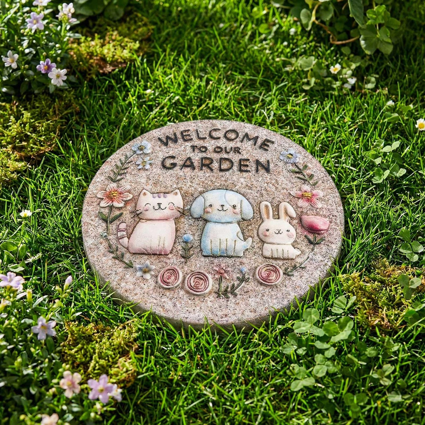 Bechivie Garden Stepping Stones Outdoor, 9.8" Resin Pet Cat Dog Bunny Stepping Stone for Walkway Gardening Gifts, Spring Decorative Round Welcome to Our Garden Home Decor for Outside Yard Patio Lawn