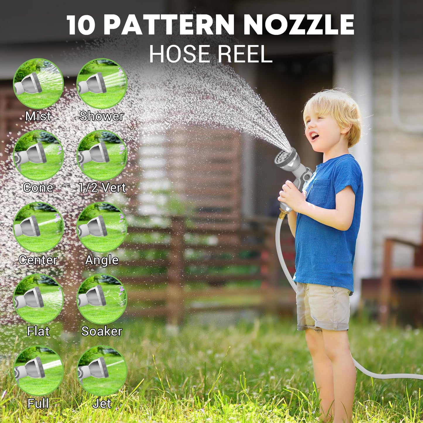 Retractable Garden Hose Reel, 1/2" x 100ft Wall Mount Heavy Duty Automatic Hose Reel with 10 Pattern Nozzle, Any Length Lock & Slow Return System, 180°Swivel Bracket Upgraded UV Resistant,Light Grey