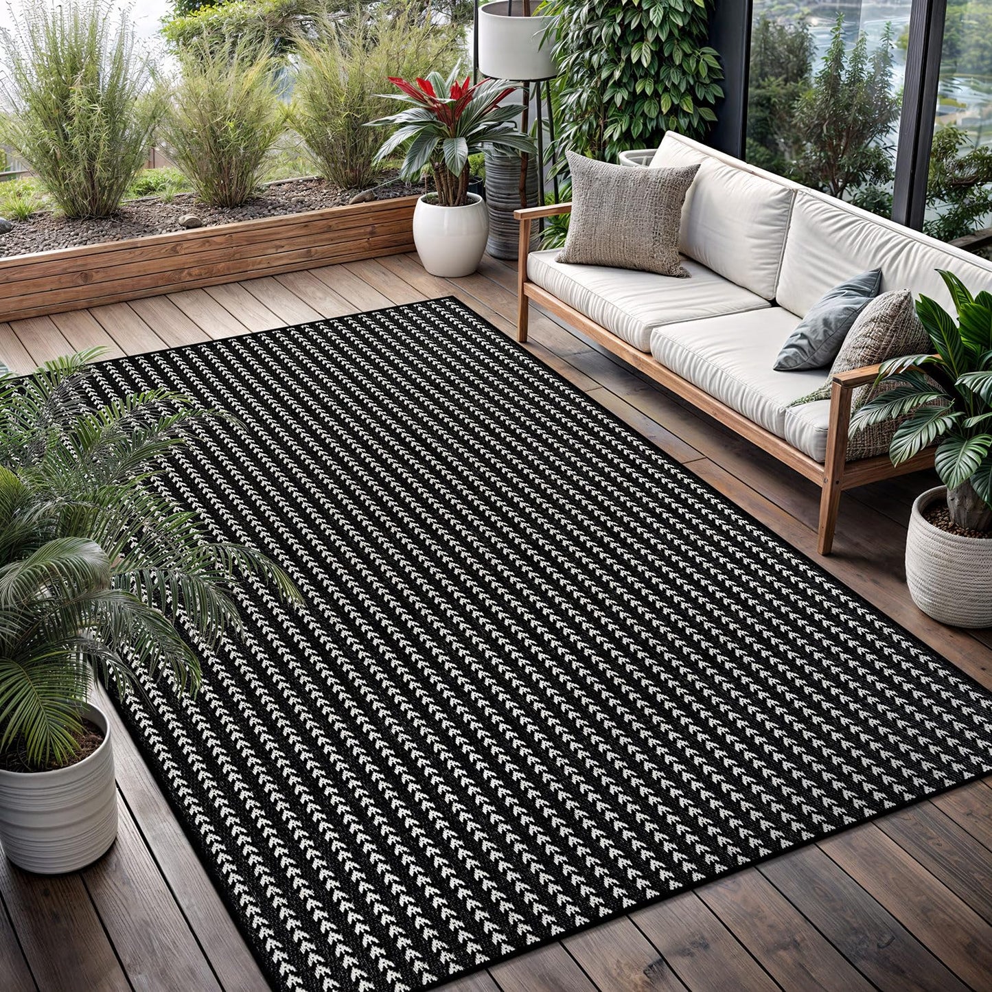 Washable Outdoor Rug 6x9 Modern Area Rugs Outdoor Carpets Striped Pattern Non Shedding Waterproof Easy Clean Patio Deck Porch Living Room Bedroom Garden RV (6 X 9 Black)