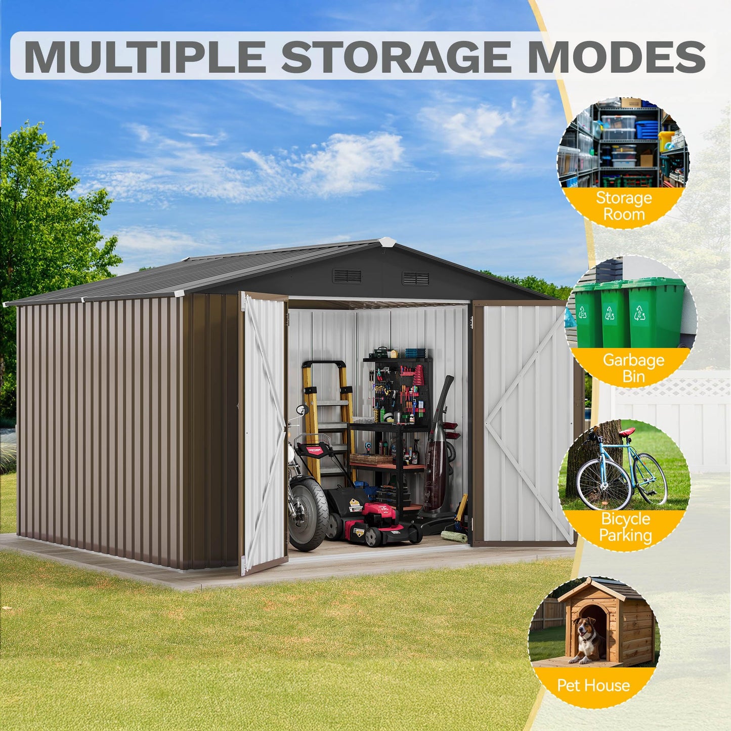 DWVO 10x8FT Outdoor Storage Shed, Spacious Metal Tool Shed with Lockable Doors & Ventilation for Patio, Lawn, and Backyard, Ideal for Storing Garden Equipment, Lawnmowers, and Bicycles, Brown