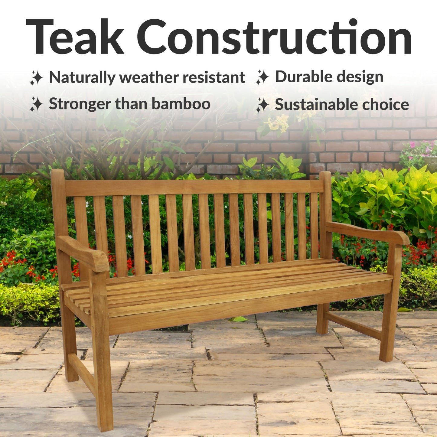 Sunnydaze 2-Person Outdoor Bench for Front Porch or Park - Wooden Teak Patio Garden Bench with Backrest - 675 lb Weight Capacity - 60"