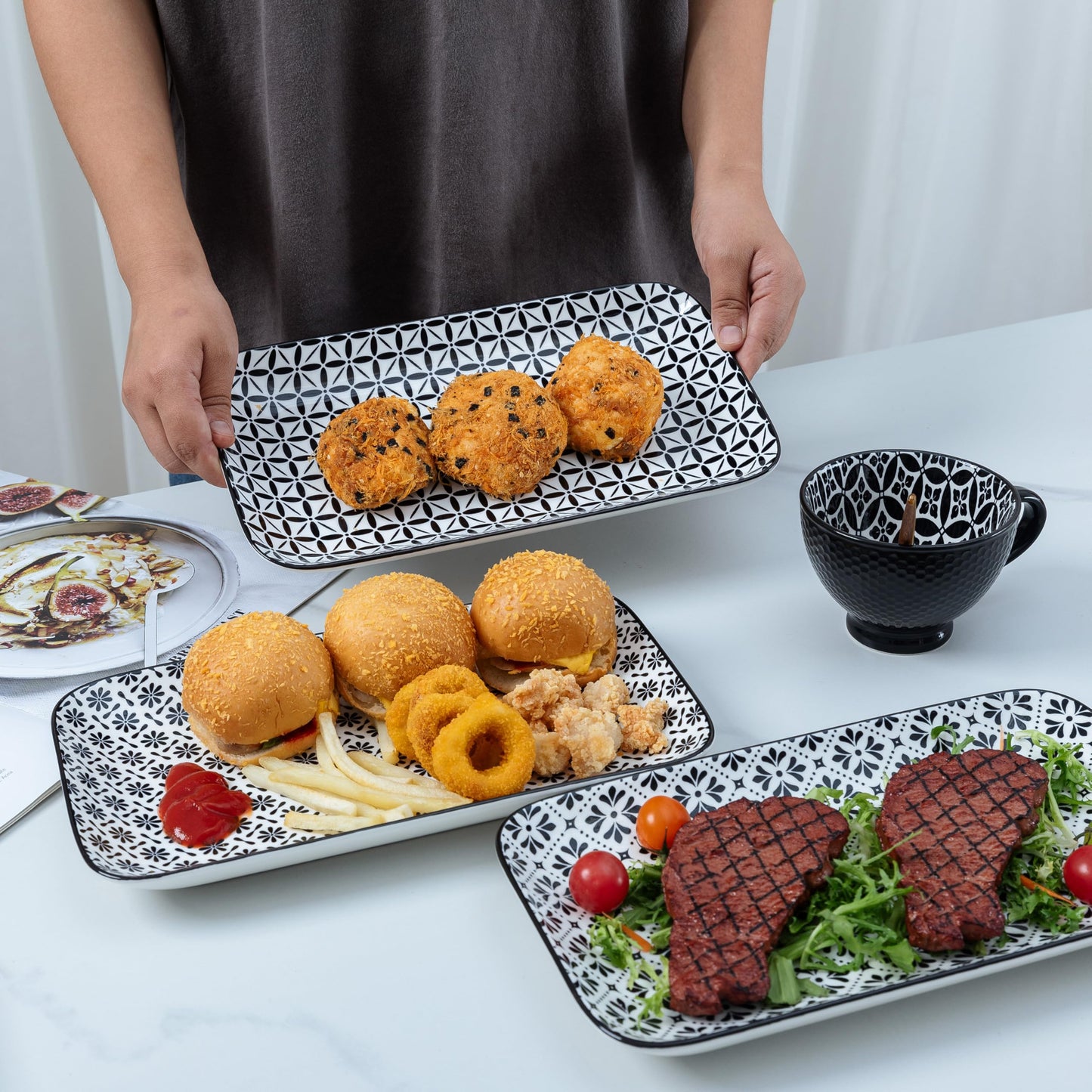LEHAHA Serving Platters Set of 4, 12" Inch Rectangular Tray, Serving Dishes for Entertaining, Ceramic Serving Trays for Serving Food for Party and Cookies, Microwave & Dishwasher Safe, Black