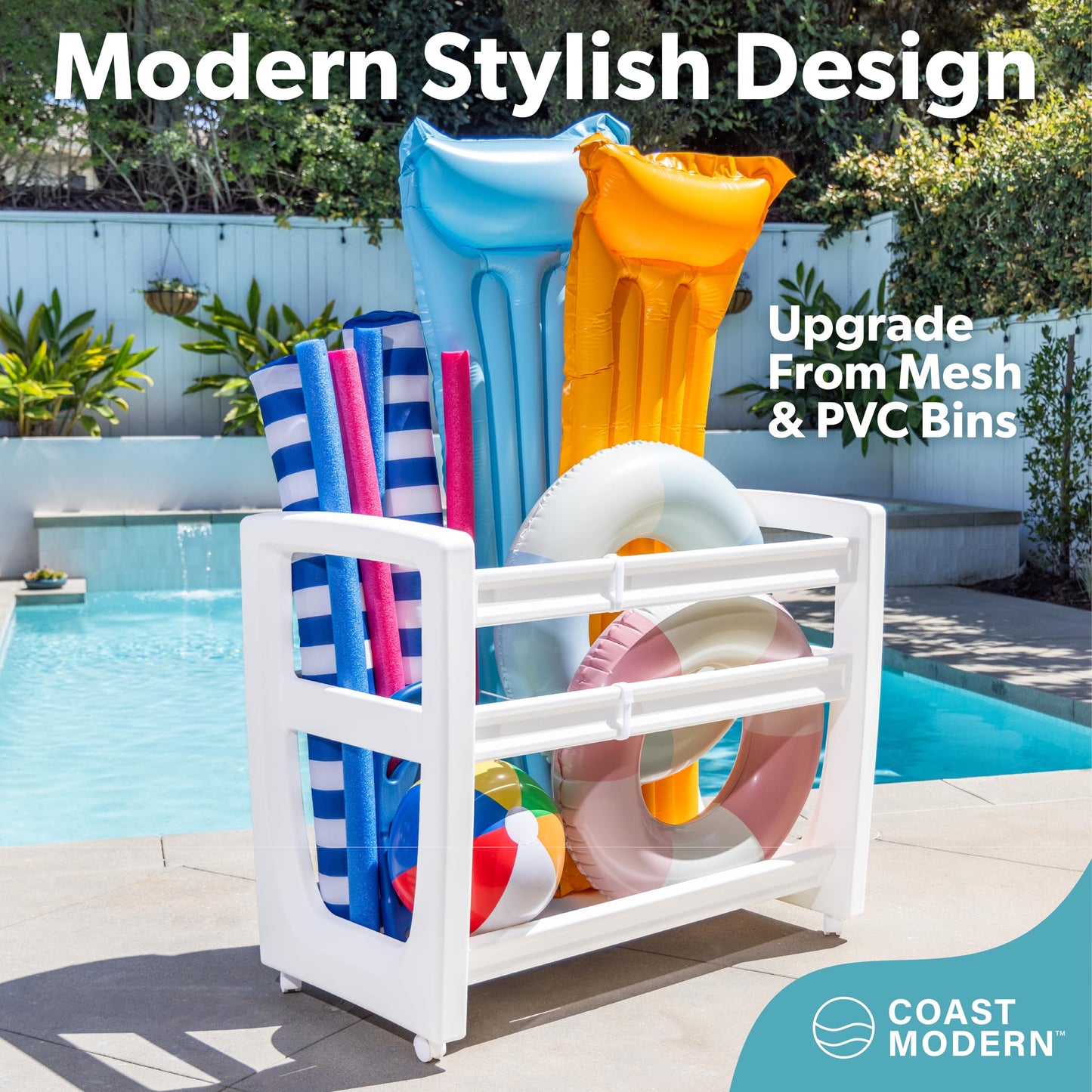 GoSports Coast Modern Pool Organizer for Floats and Toys - Large Waterproof Storage Rack for Outdoor Pool Area