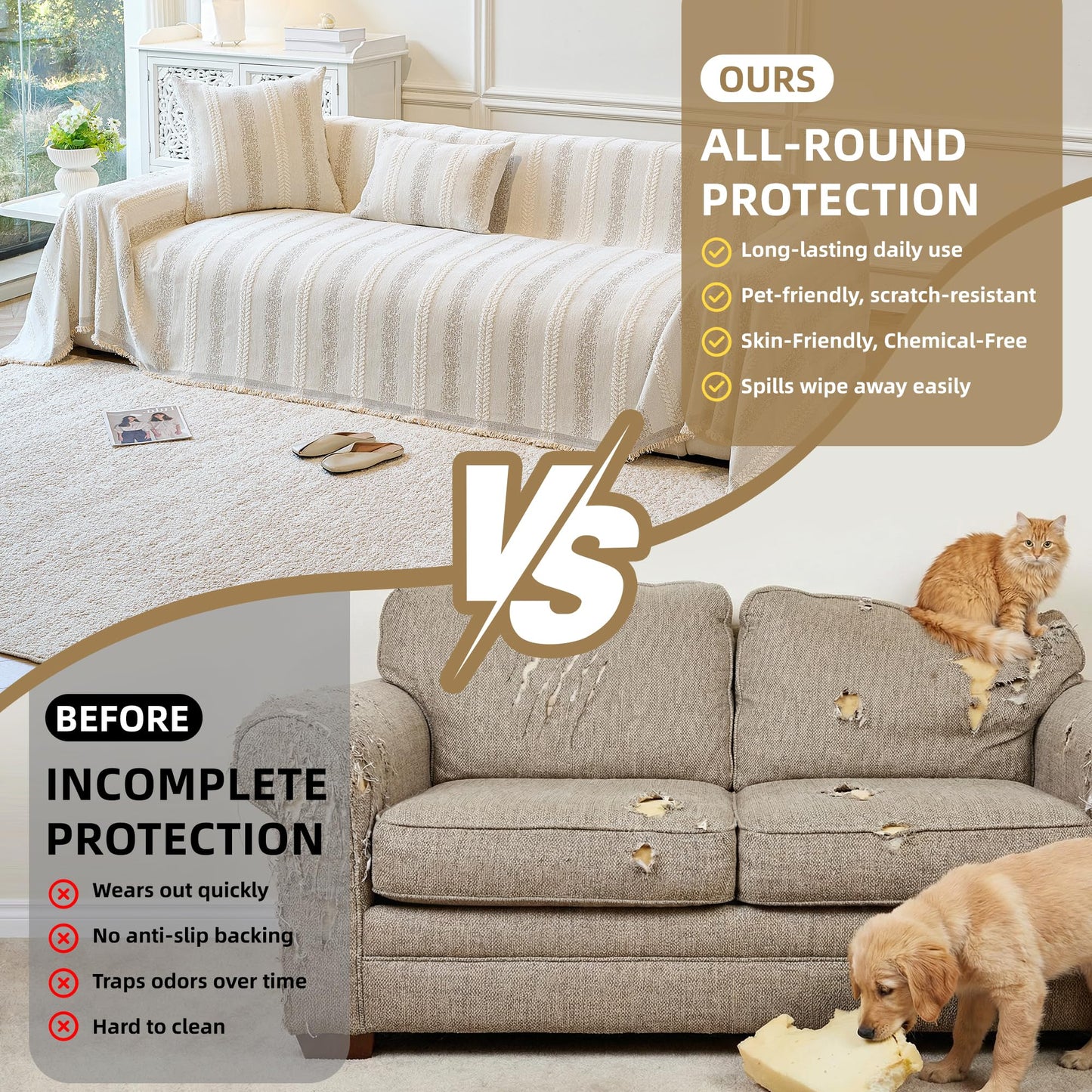 Fuyulacom Couch Cover for Dogs Washable Sofa Cover, Sectional Couch Covers, Sofa Covers for 2 Cushion Couch, Non Slip Stripe Sofa Slipcovers Furniture Protector (Beige, 71x102)
