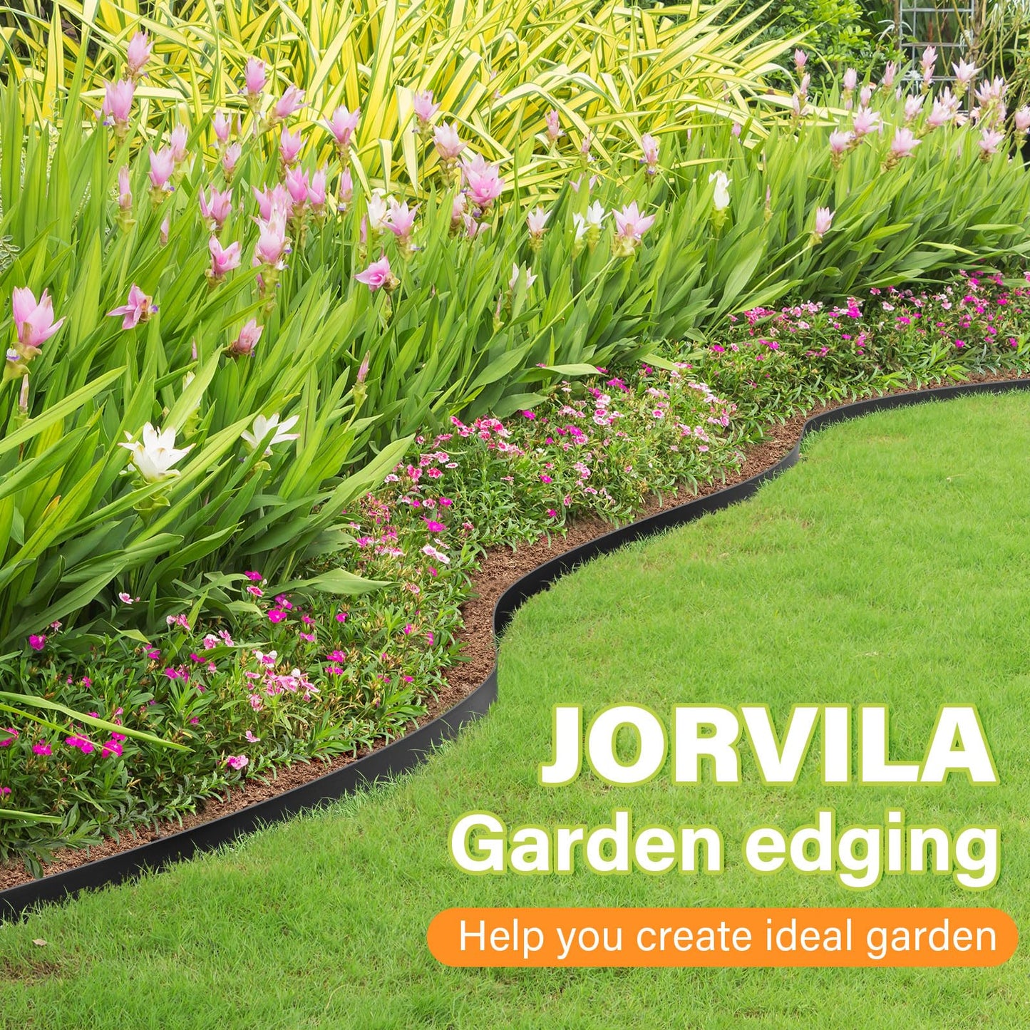 Jorvila Landscape Edging, 1.5" x 100' Plastic Garden Edging with 120 Pcs Metal Spikes, Flexible Garden Border for Lawn, Landscaping, Flower Beds