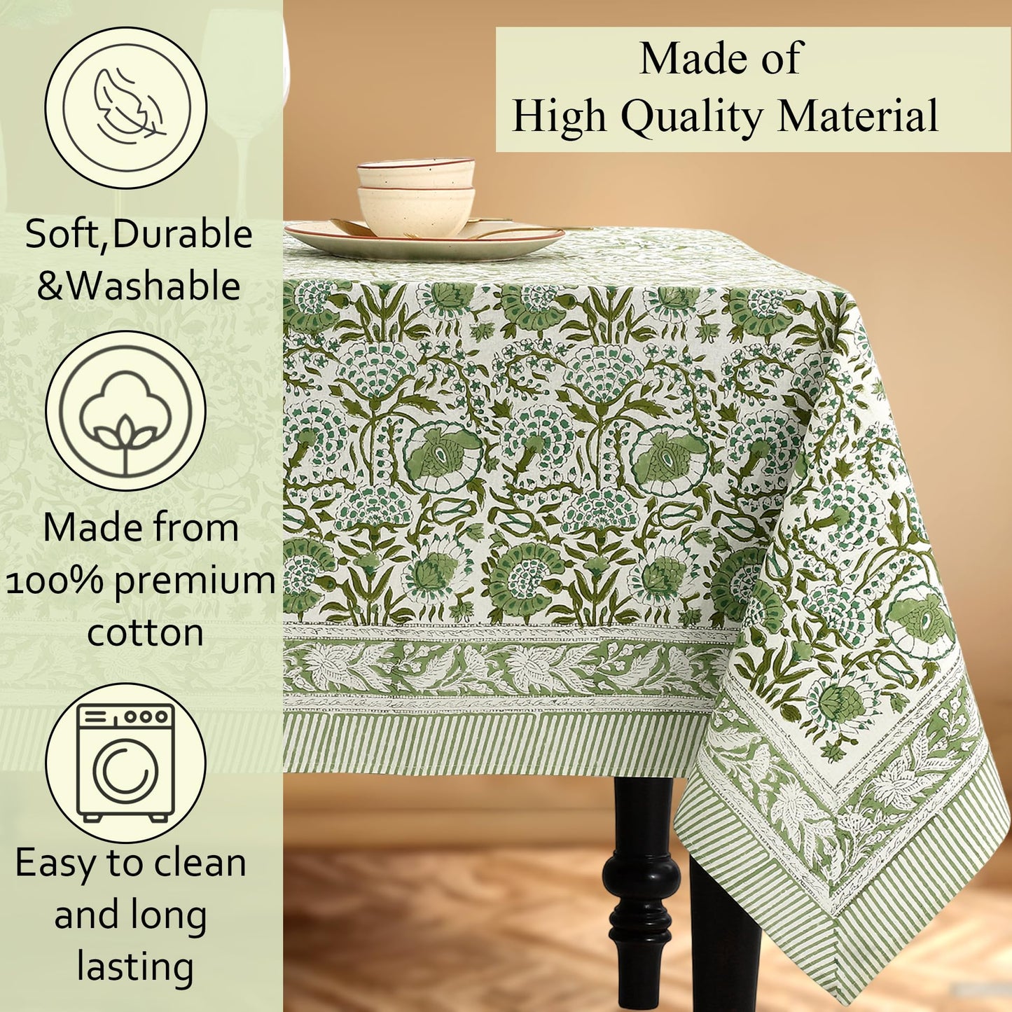 CPC Tablecloth 100% Cotton 60x90 Inch Indian Block Print Rectangle Table Cover, Washable Table Cloth for Weddings, Spring/Summer, Barbeque - Agate Green