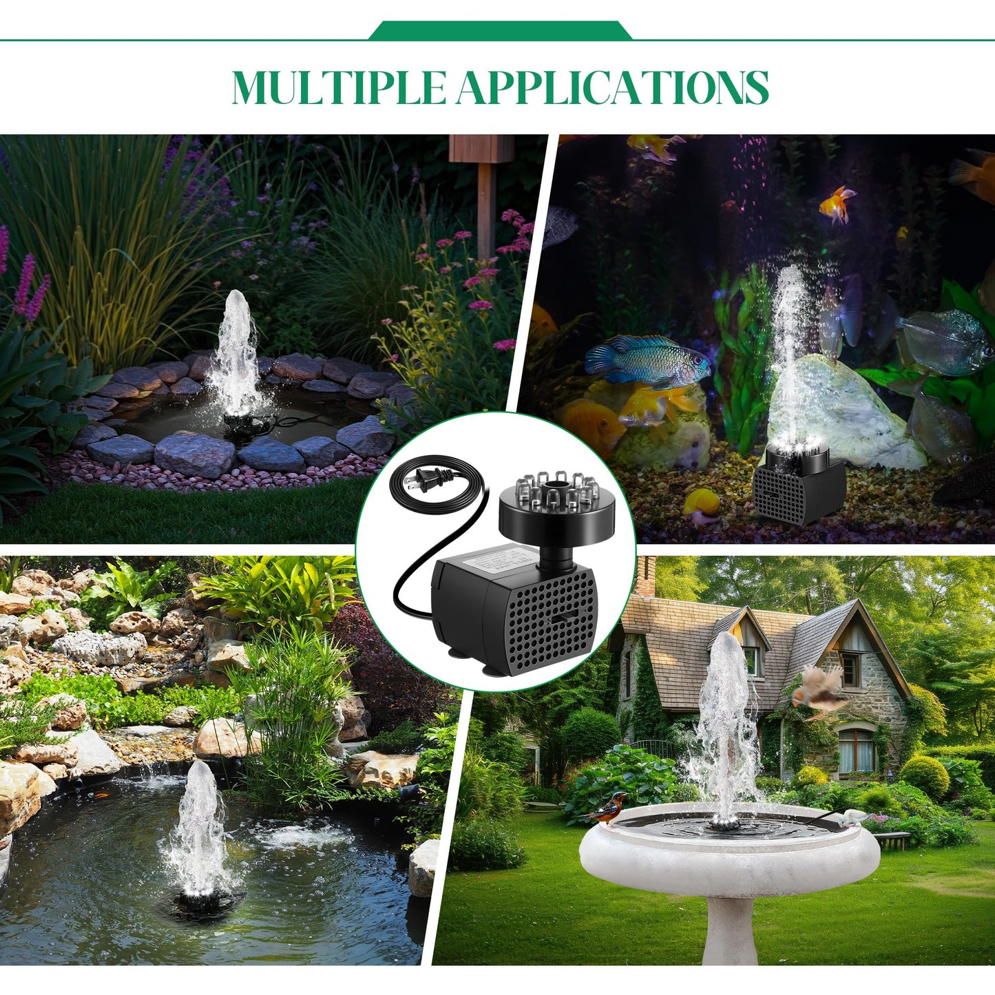Dunkive Bird Bath Fountains with 12 LED Lights, 24 Hour Working Fountain Pump with Light, Adjustable Watering Submersible Pump for Outdoor Water Garden, Pond(Cool White)