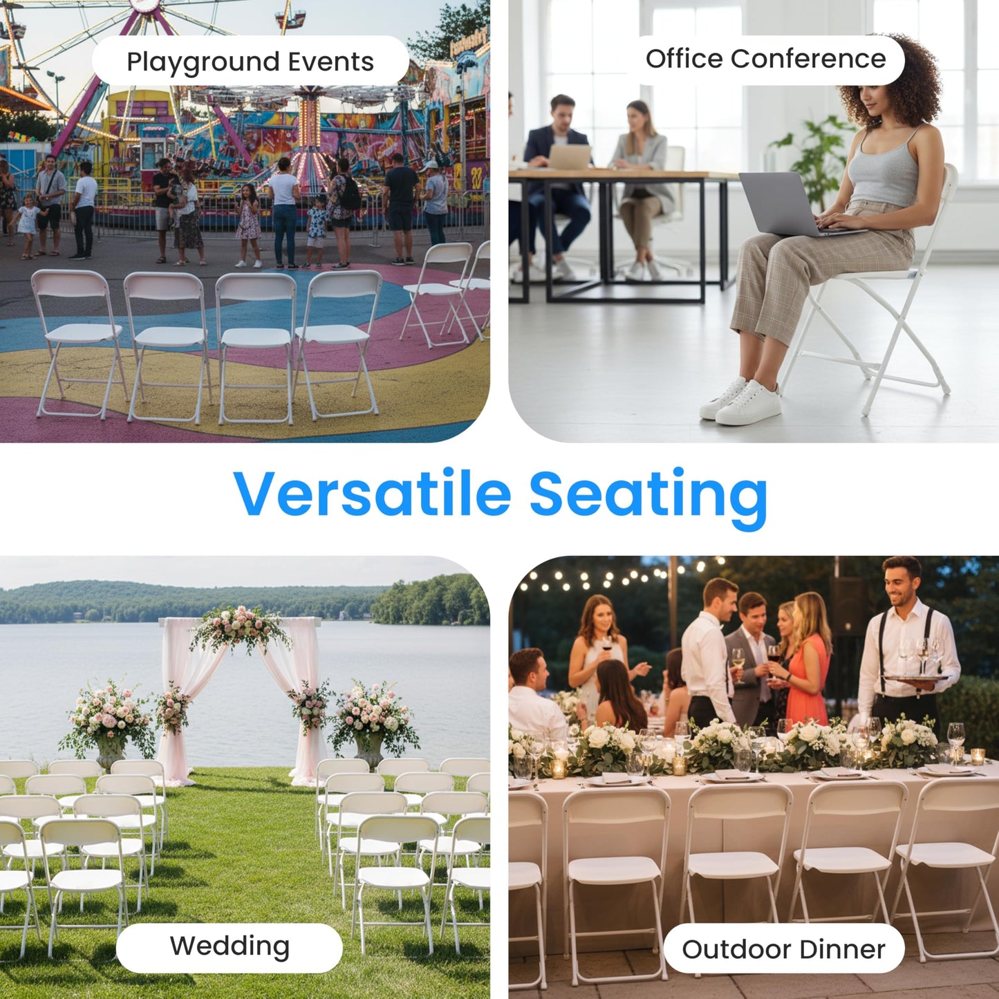 HealSmart 10-Pack Plastic Folding Chair, Portable Chair with Metal Frame, 330lb Capacity, Foldable and Stackable Chairs for Wedding, Party, Picnic, Office, Indoor/Outdoor Dining, White