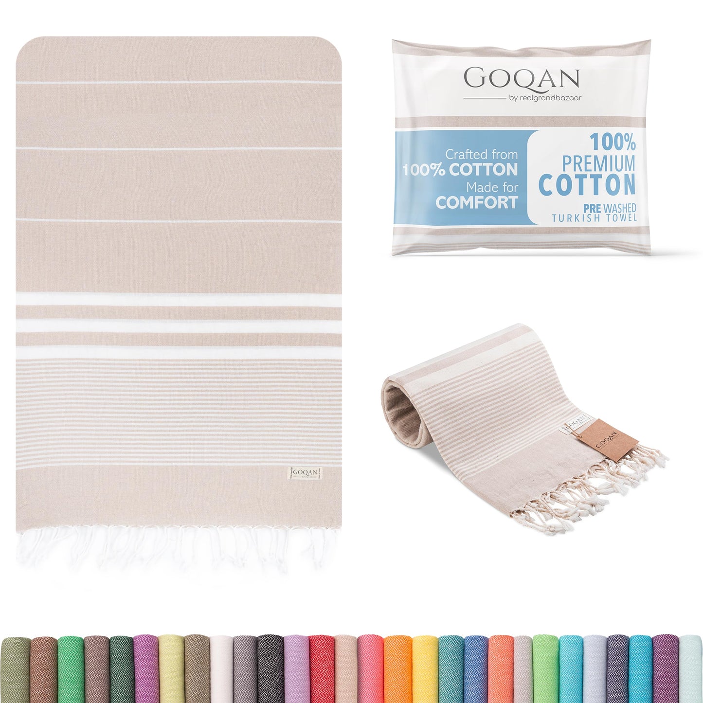 realgrandbazaar GOQAN Turkish Beach Towel Oversized 39x71 | Thin, Lightweight, 100% Cotton and Sand Free Towel is Suitable for Beach, Bathroom, Pool, Travel & Swim - Beige