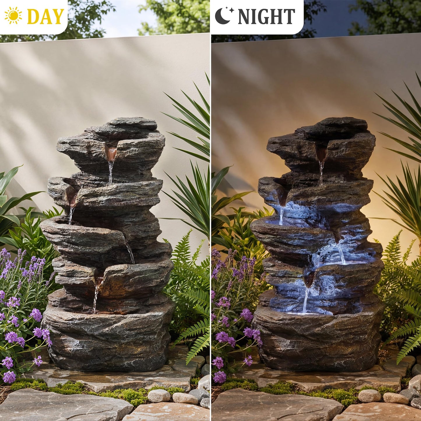 Anunweldo 19.7" Tall Outdoor Water Fountain, 5 Tier Cascading Bowls and Stacked Water Fountain with LED Lights, for Yard Décor, Backyard, Patio and Deck (19.7'')