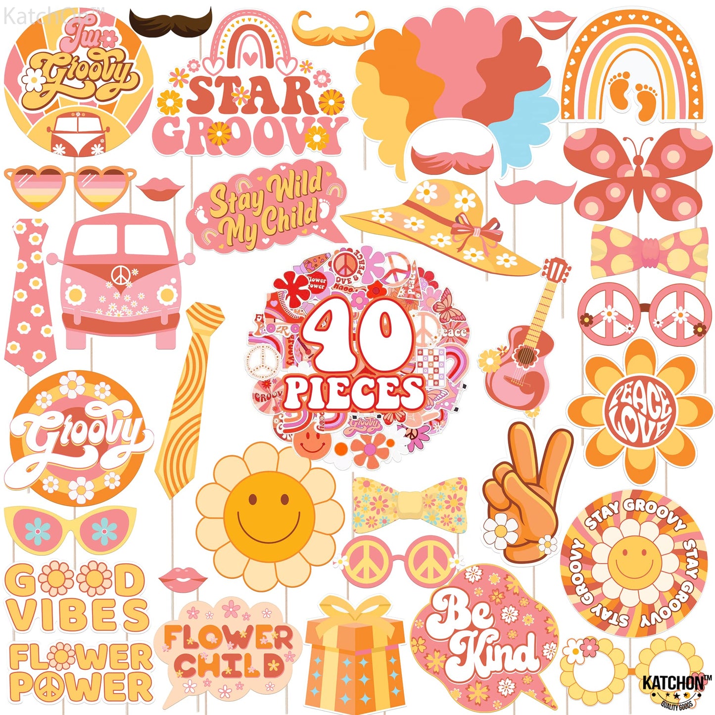 KatchOn Groovy Photo Booth Props - Pack of 40, 60s & Retro Props for Two, Hippie Party Decorations