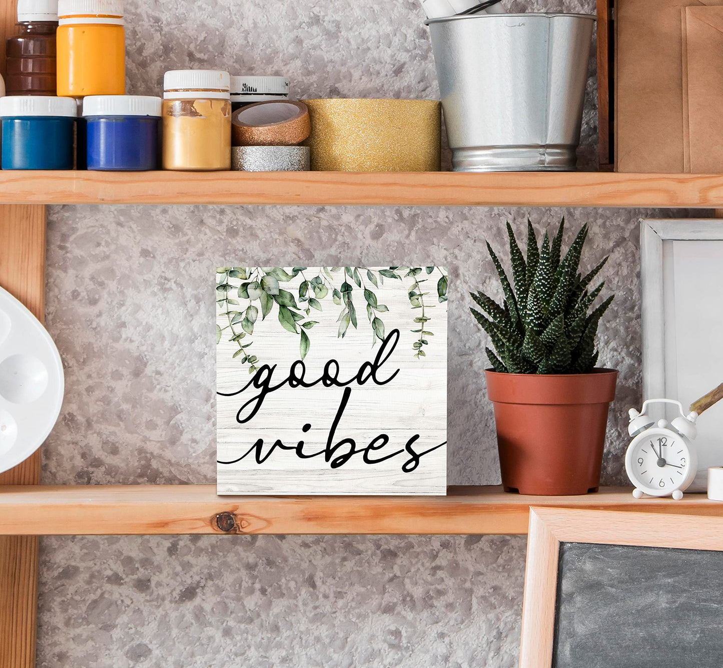 SRADMO Botanical Eucalyptus Leaves Wood Box Sign Desk Decor, Rustic Eucalyptus Leaves Wooden Block Box Sign Decoration For Home Office Shelf Table Decor