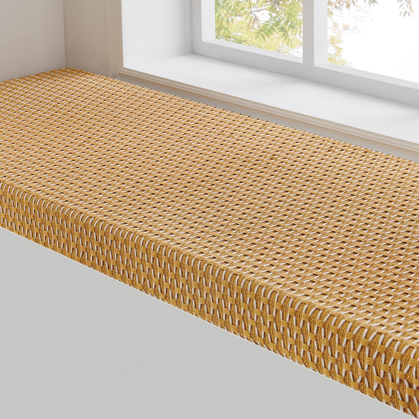 Custom Window Bench Seat Cushion Heavy Wicker Weaving Texture Customized Bay Window Sill Seating Foam Cushions for Indoor Furniture, Mudroom Entryway, Reading Kitchen Breakfast Nook, Non Slip Bottom