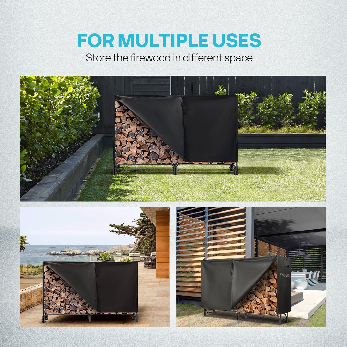 VIVOHOME 6ft Heavy Duty Indoor Outdoor Firewood Storage Log Rack with Cover Combo Set Black