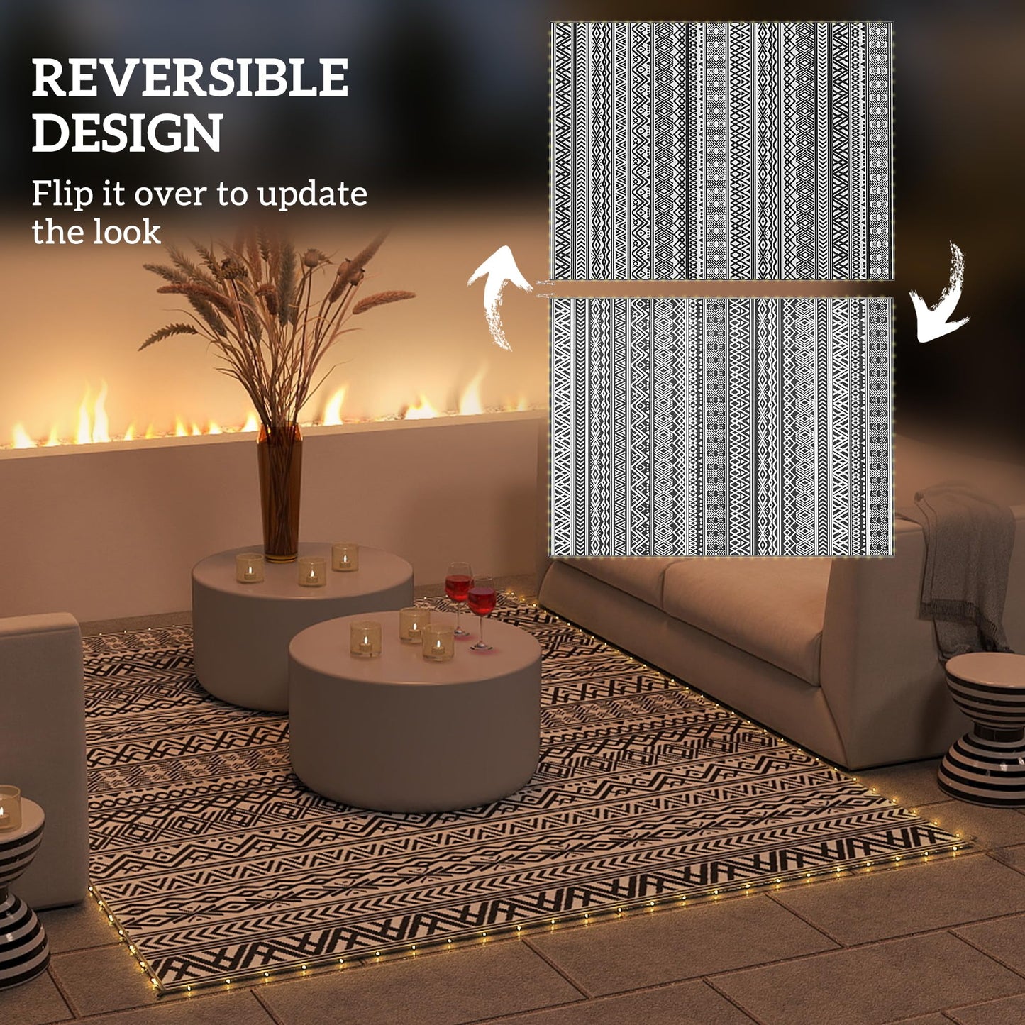 Outsunny Reversible Outdoor Rug Carpet with USB Lights, 12' x 9', Plastic Straw Rug, Patio Mat, Portable RV Camping Mat with Carry Bag